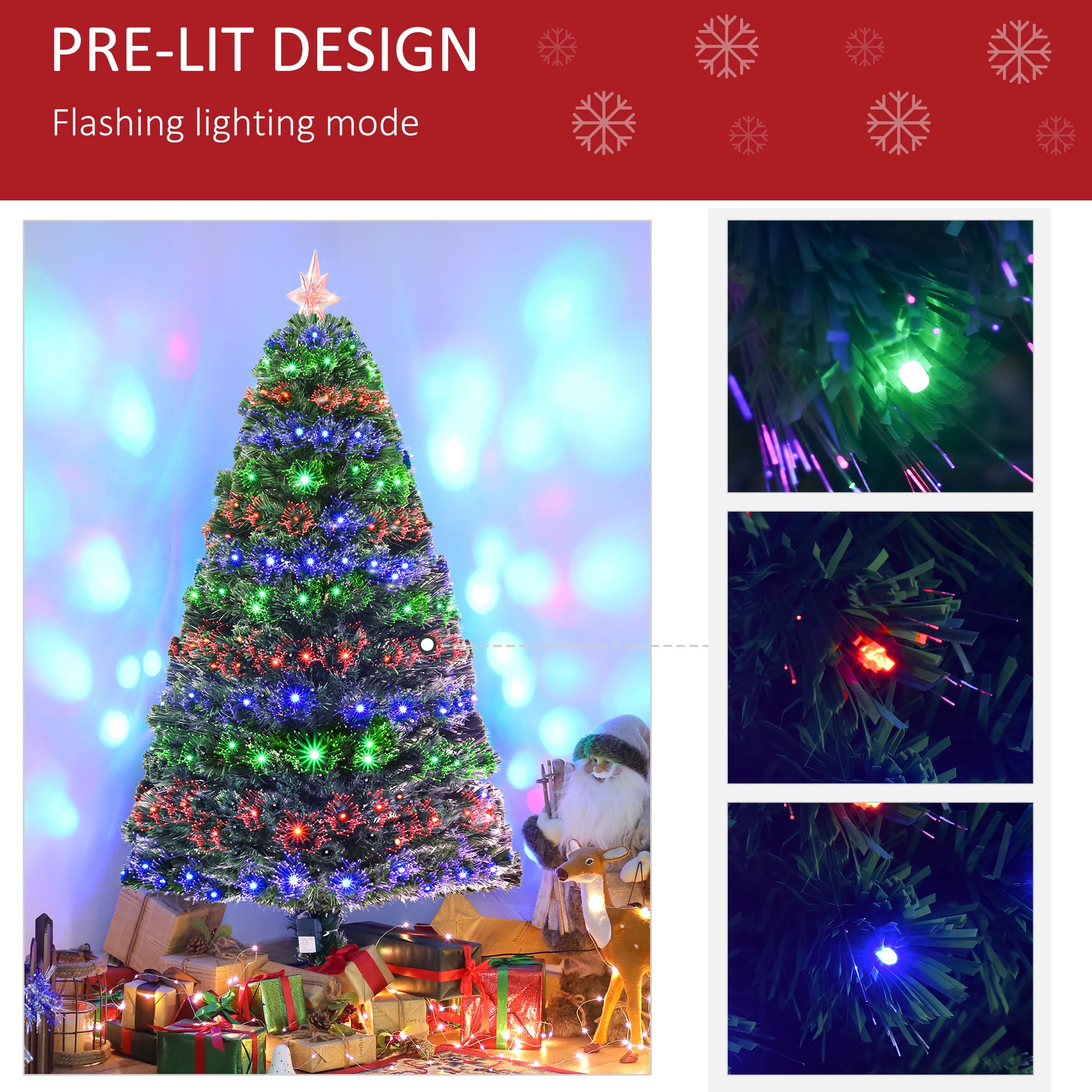 HOMCOM 5 Feet Prelit Artificial Christmas Tree with Multi-Coloured Fiber Optic LED Light, Holiday Home Xmas Decoration, Green - North Peak Garden Furniture