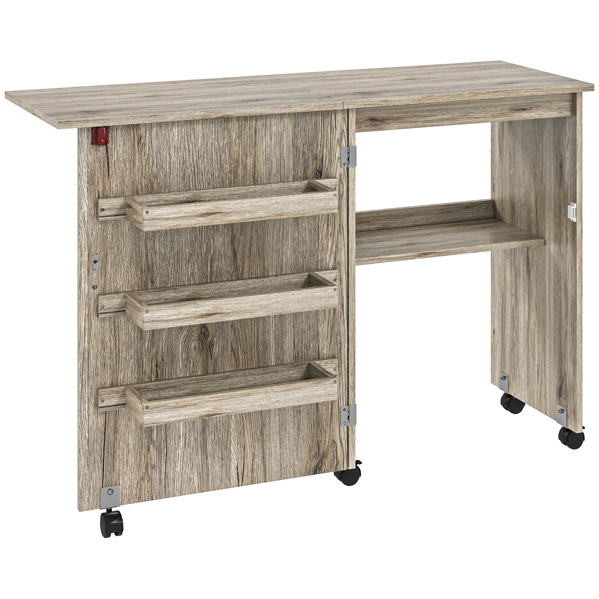 HOMCOM Folding Sewing Table, Drop Leaf Craft Table with Storage Bins, Open Shelf and Wheels, Rolling Sewing Machine Cabinet Computer Desk for Small Space, Grey - North Peak Garden Furniture