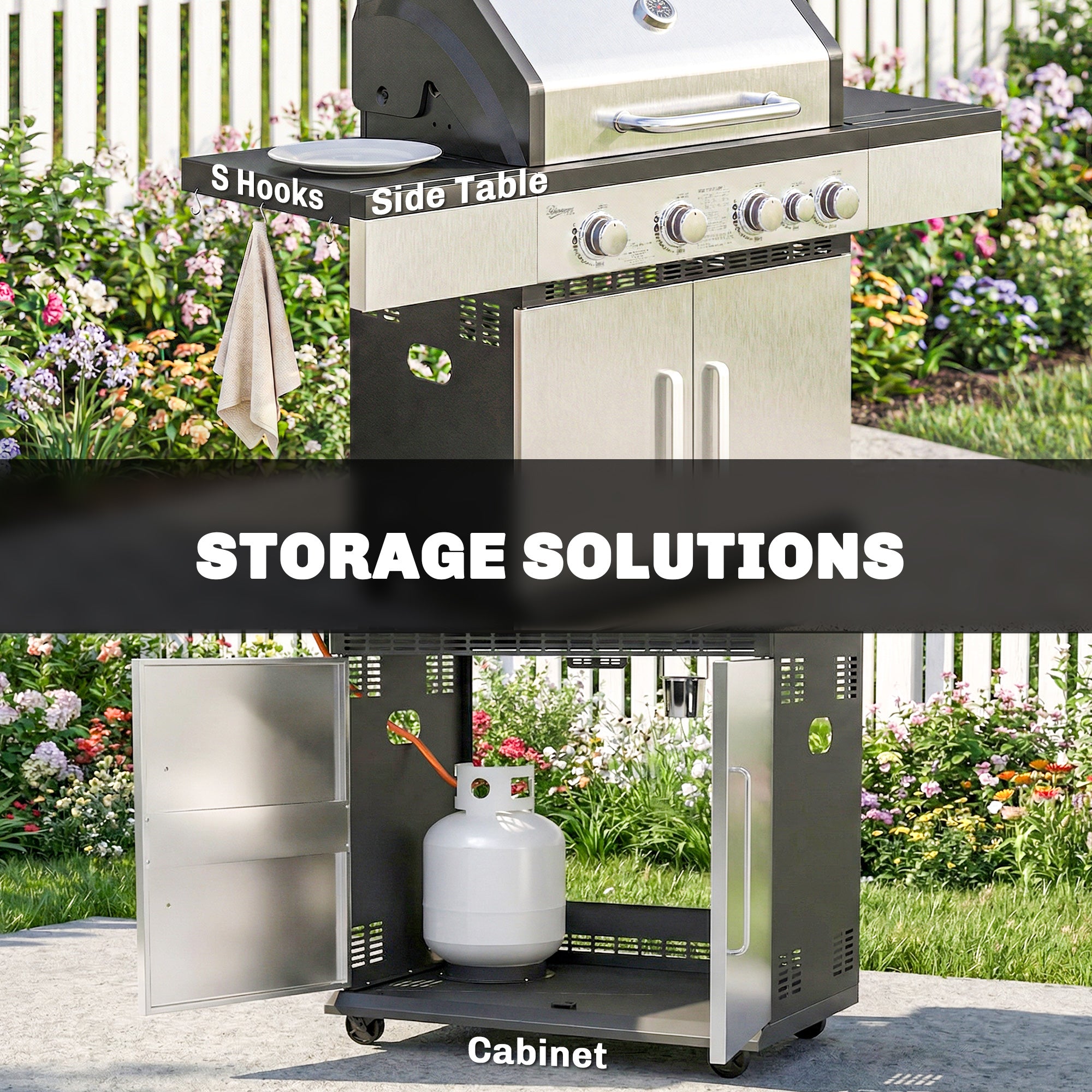 Outsunny 4+1 Burner Gas BBQ Grill, Portable Gas Barbecue Grill with Side Burner, Warming Rack, Side Shelf, Storage Cabinet