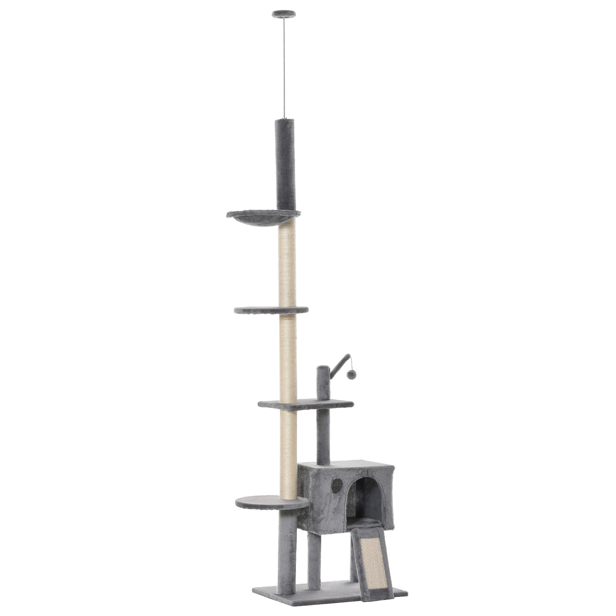 PawHut 270cm Floor To Ceiling Cat Tree Cat House Scratching Post for Indoor Cats Hammock Hanging Ball Activity Center Grey - North Peak Garden Furniture