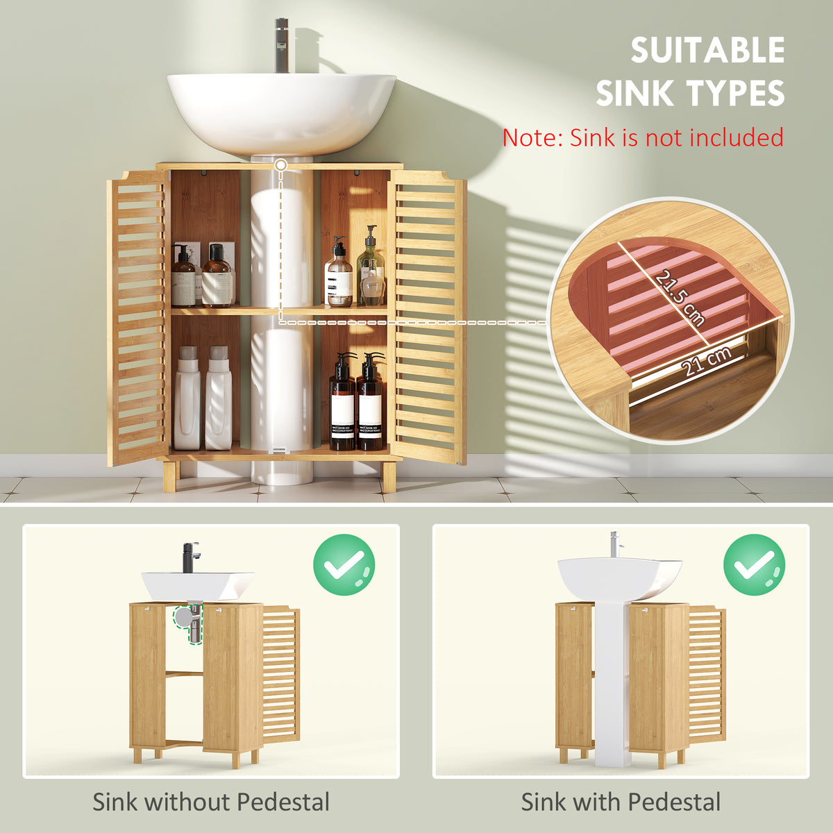 HOMCOM Under Sink Bathroom Cabinet, Freestanding Under Sink Cabinet with Louvered Doors and Adjustable Shelf, Natural