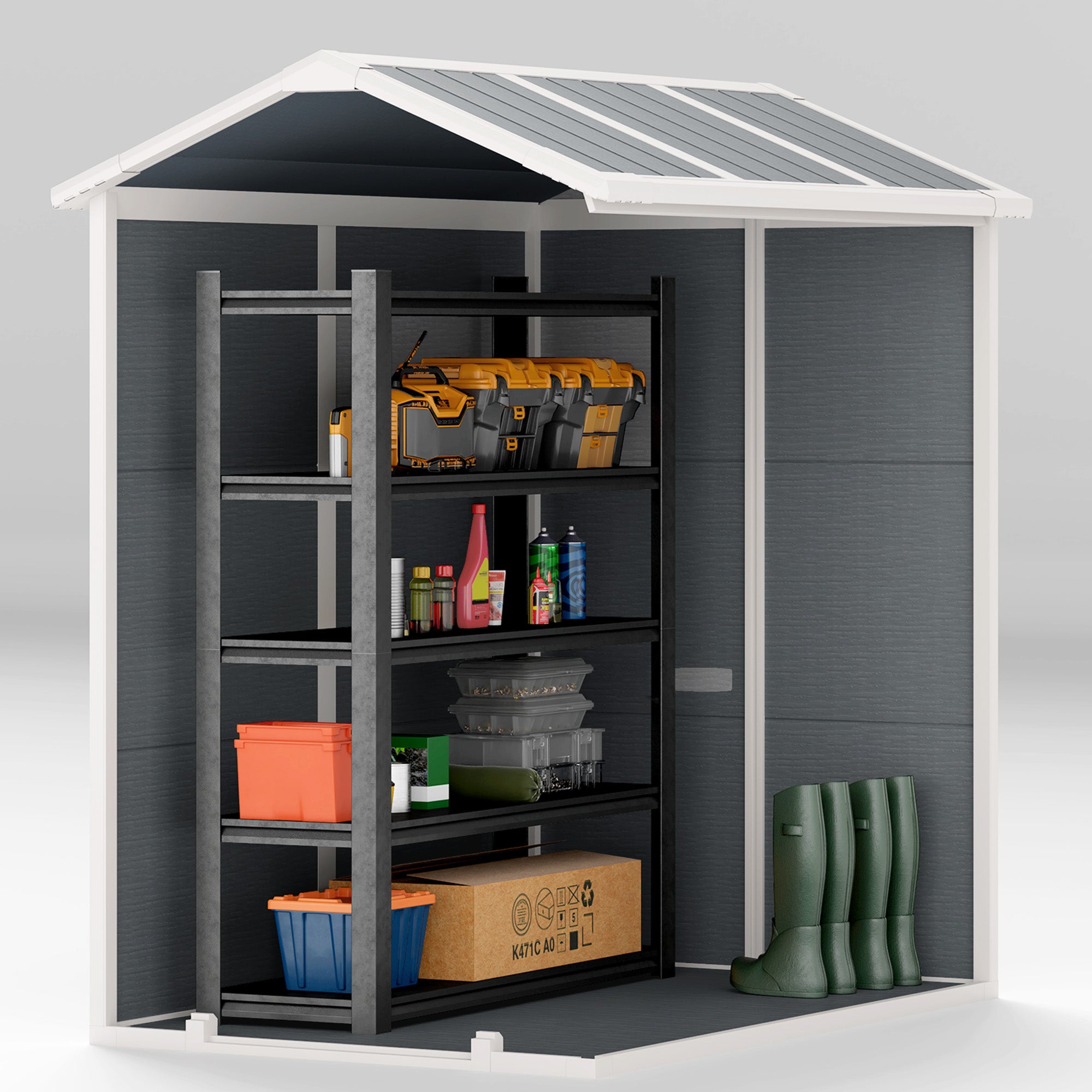 Outsunny 4 x 6ft Garden Shed, Plastic Shed with Floor, Window, Lockable Door and Vents, Resin Tool Shed for Outdoor Patio Storage, Zero Maintenance, Grey - North Peak Garden Furniture