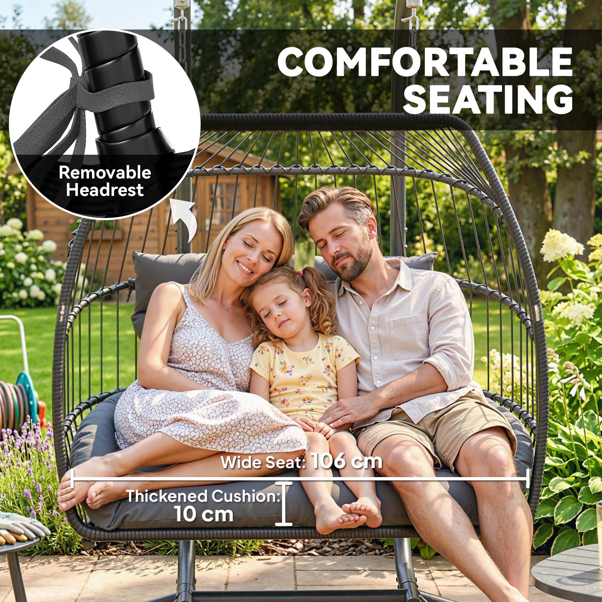 Outsunny Rattan Double Hanging Egg Chair with Stand, Foldable Wicker Swing Egg Chair with Cushion, Head Pillows, Steel Frame, Hammock Chair for Indoor Outdoor, Capacity 260 kg, Dark Grey