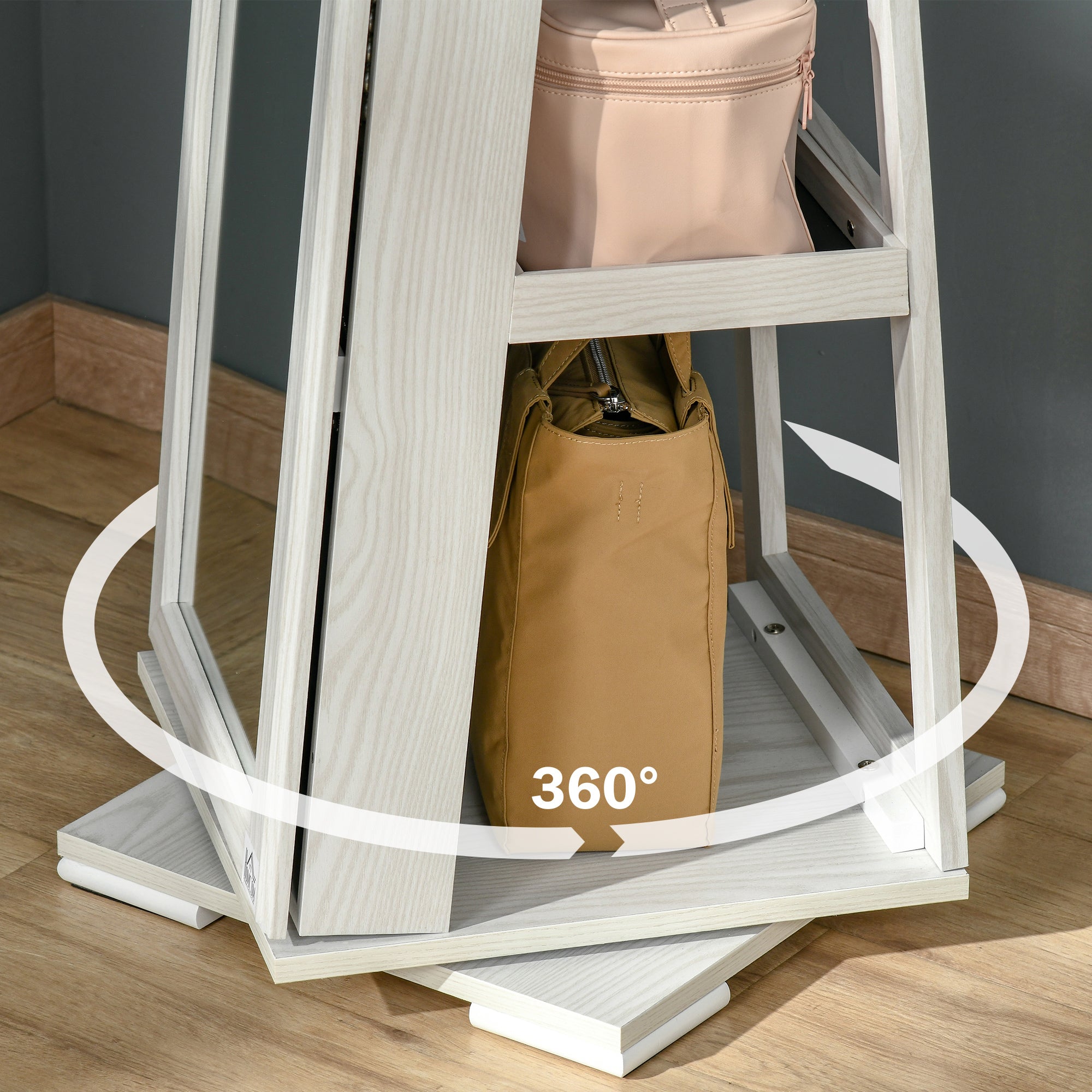 HOMCOM 360° Swivel Jewellery Cabinet, Mirror Armoire, Full Length Mirror, Lockable Jewellery Organizer with Built-In Small Mirror, White - North Peak Garden Furniture
