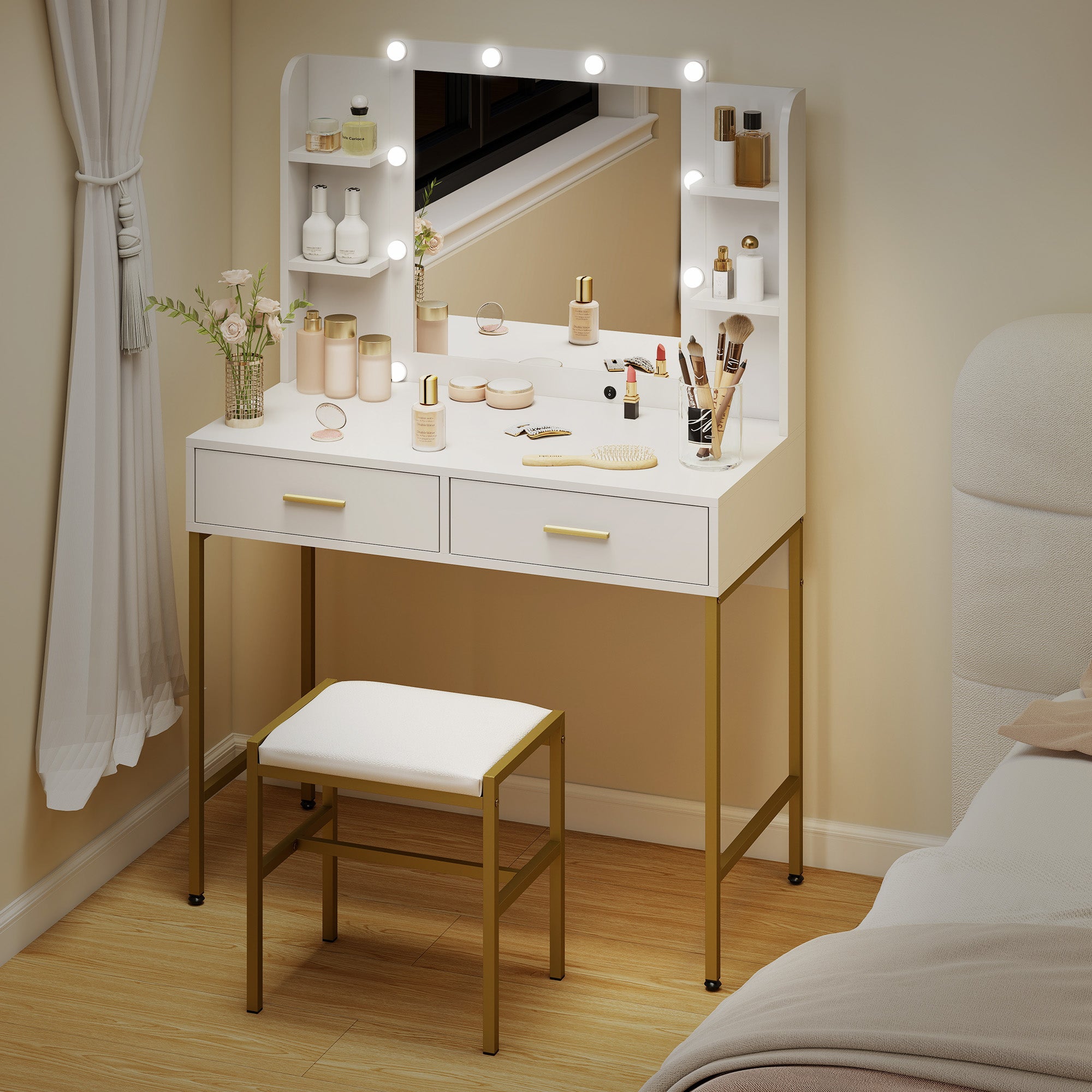 HOMCOM Dressing Table with Lighted Mirror, Cushioned Stool, Drawers, Shelves, LED Makeup Vanity Desk Set, Modern Dresser Vanity Table for Bedroom, White