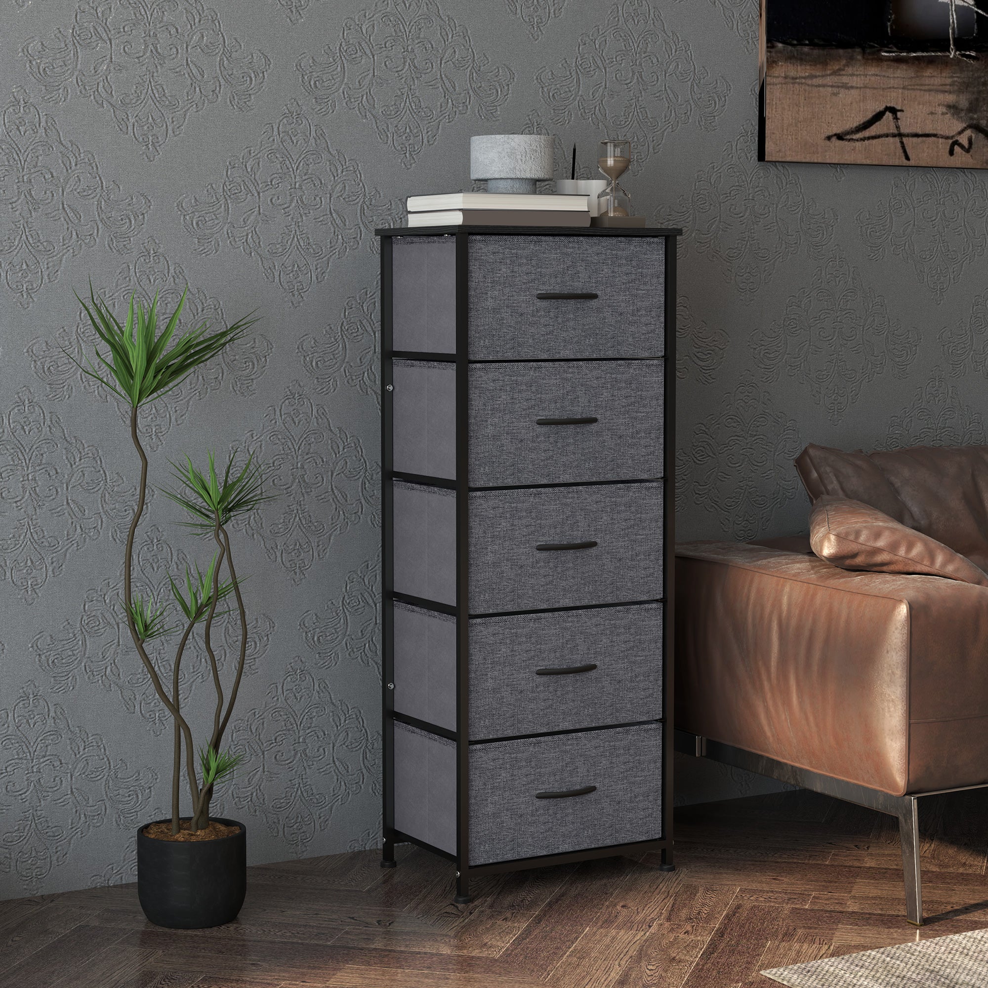 HOMCOM Fabric Chest of Drawers, Storage Drawers, Industrial Bedroom Dresser with 5 Fabric Drawers, Steel Frame and Wooden Top for Nursery, Living Room, Hallway, Dark Grey - North Peak Garden Furniture