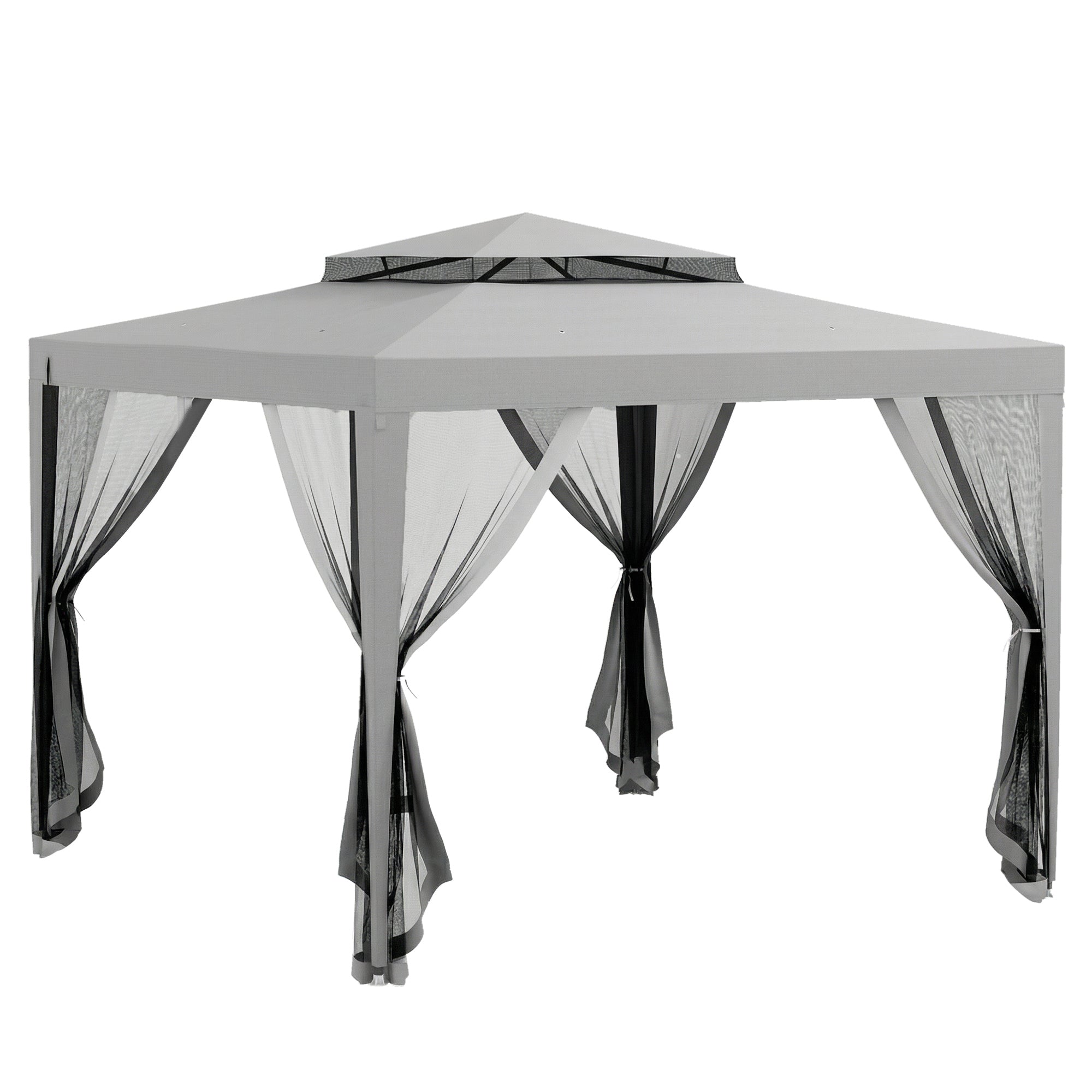 Outsunny 3 x 3 m Gazebo, Netting Party Tent, Patio Canopy Outdoor Event Shelter with Double Tier Roof, Light Grey