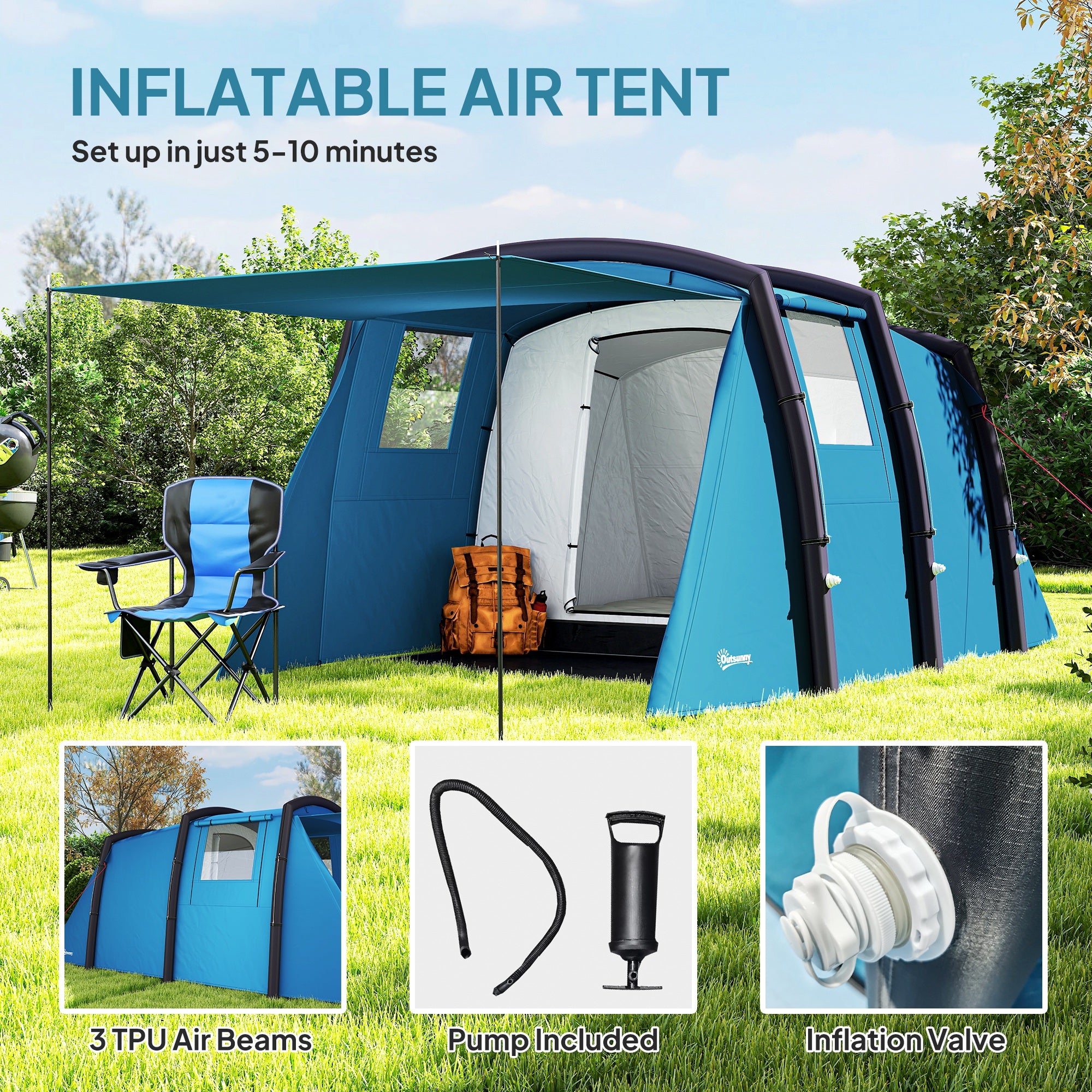 Outsunny Inflatable 3-4 Man Tunnel Tent w/ Air Pump, Living Area & Vestibule, Waterproof Family Camping Air Tent w/ Sewn In Groundsheet & Removable Footprint for Camping, Hiking, Blue - North Peak Garden Furniture