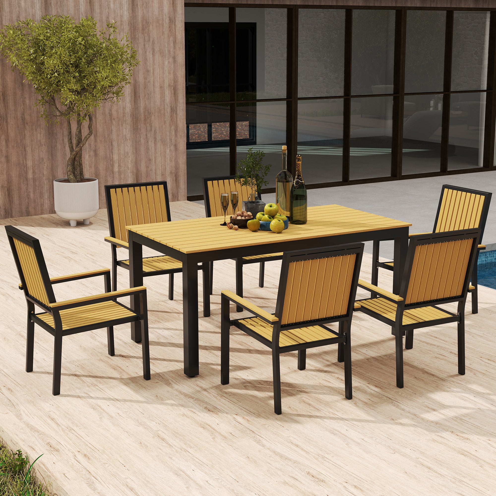 Outsunny 6 Seater Garden Dining Set with Stackable Chairs, Aluminium Frame, Rectangular Plastic Top, Garden Furniture Set, Outdoor Dining Table and Chairs for Patio, Balcony, Poolside, Nature Wood - North Peak Garden Furniture