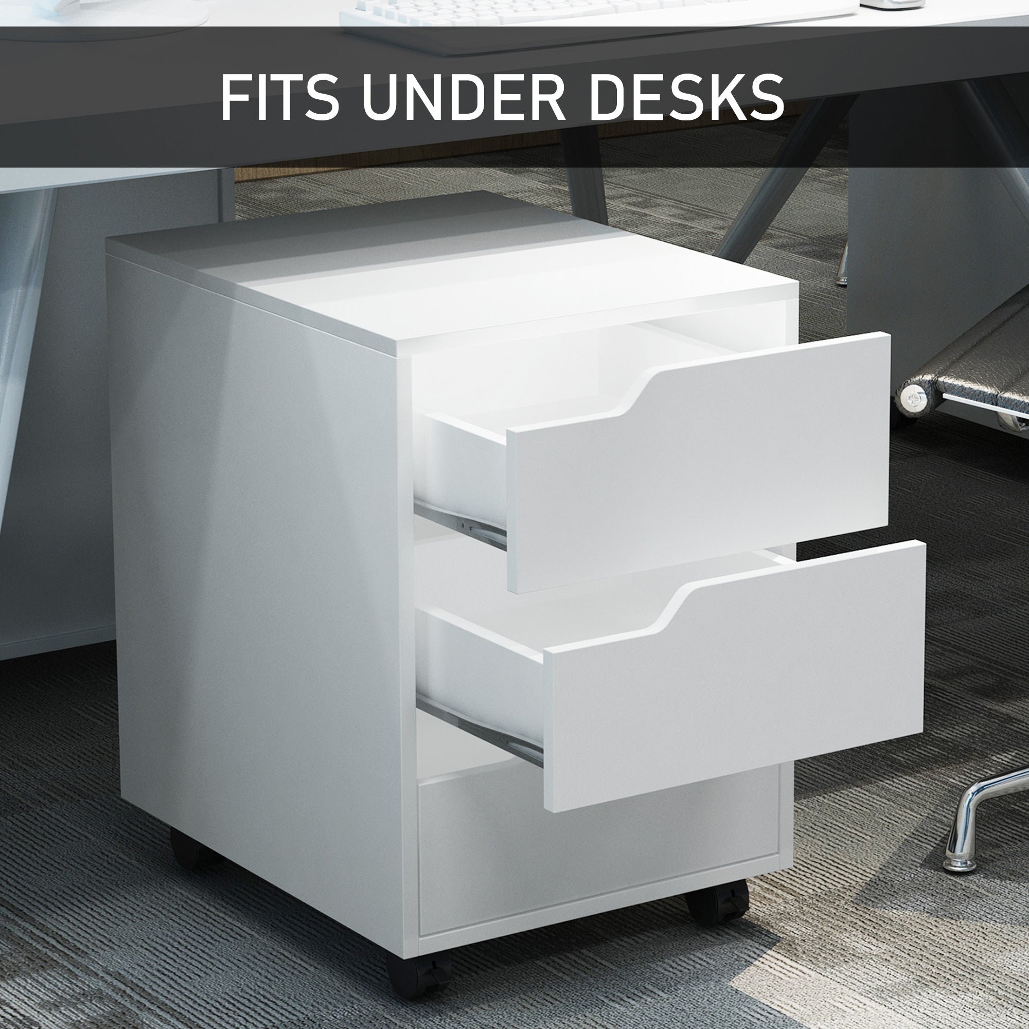 HOMCOM 3 Drawer Mobile File Cabinet, Vertical Filing Cabinet with Wheels for Home Office, White - North Peak Garden Furniture