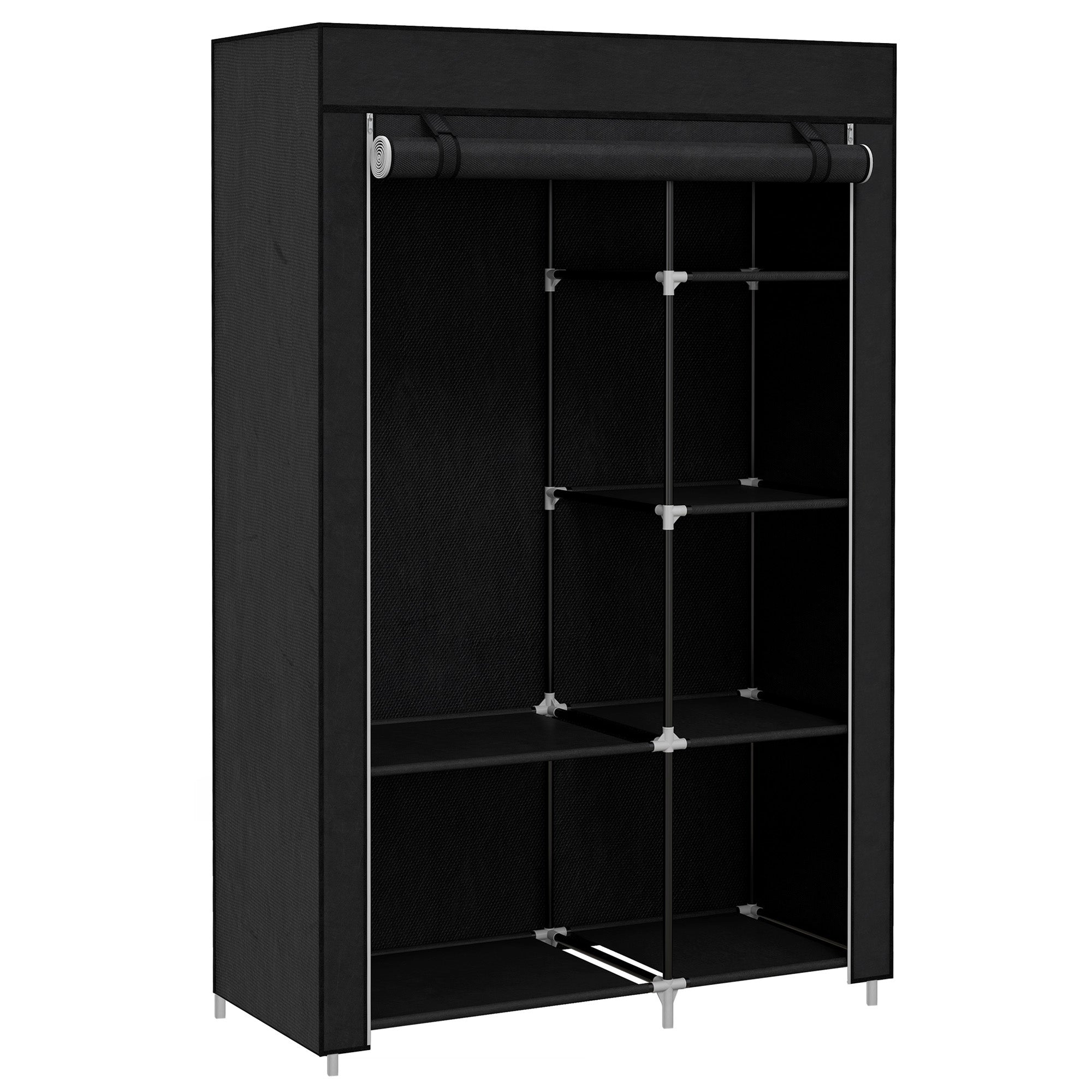 HOMCOM Fabric Wardrobe, Portable Wardrobe with 6 Shelves, 1 Hanging Rail, Foldable Closets, 103 x 43 x 162.5 cm, Black