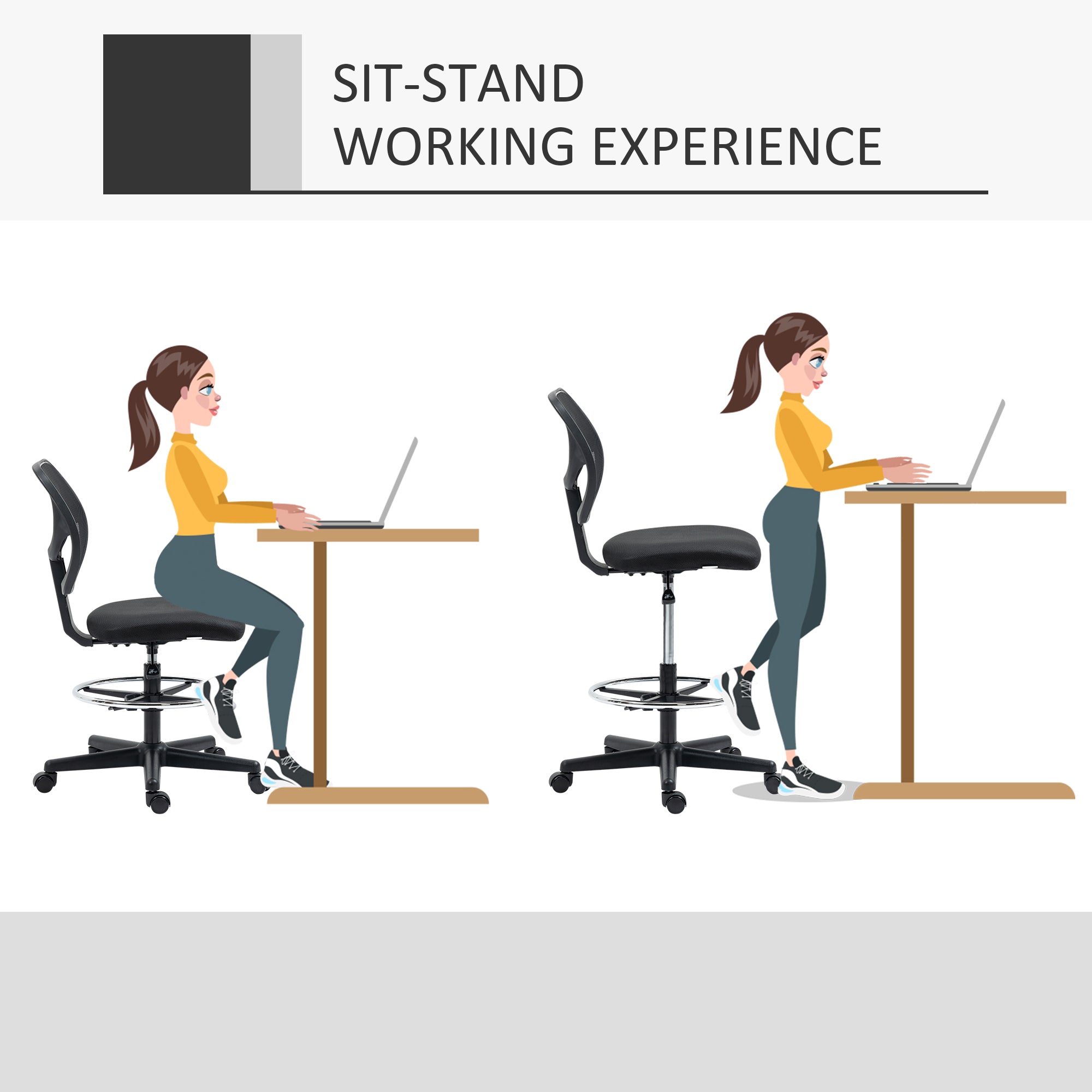 Vinsetto Ergonomic Mesh Standing Desk Chair with Adjustable Footrest Ring and Seat Height Black - North Peak Garden Furniture