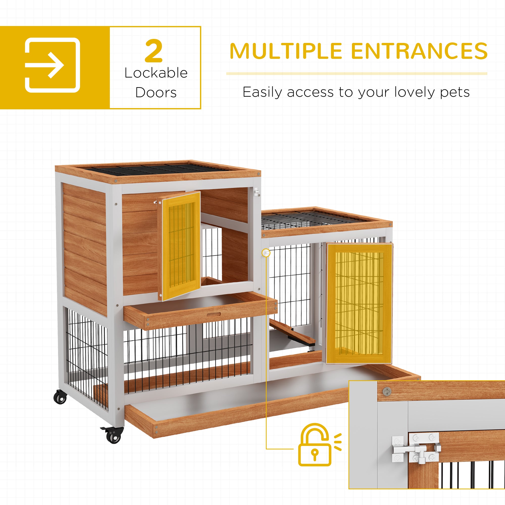 PawHut Wooden Indoor Hutch Elevated Cage w/ Wheel, Run, Yellow - North Peak Garden Furniture