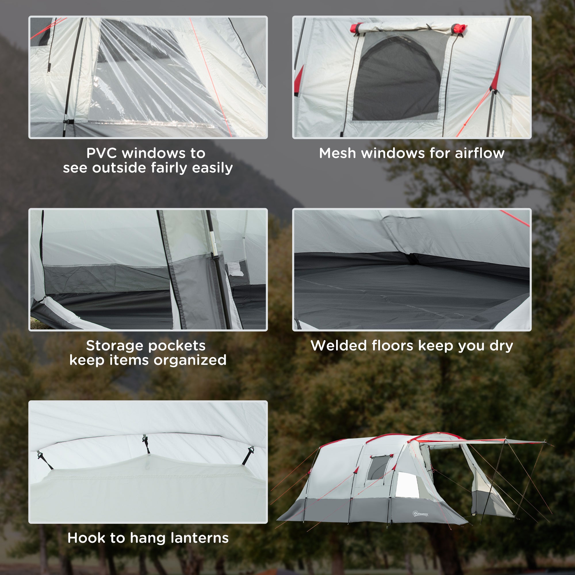 Outsunny 6-8 Person Tunnel Tent, Camping Tent with Bedroom, Living Room, Sewn-in Floor, 3 Doors and Carry Bag, 2000mm Water Column for Fishing, Hiking, Sports, and Traveling, Grey - North Peak Garden Furniture