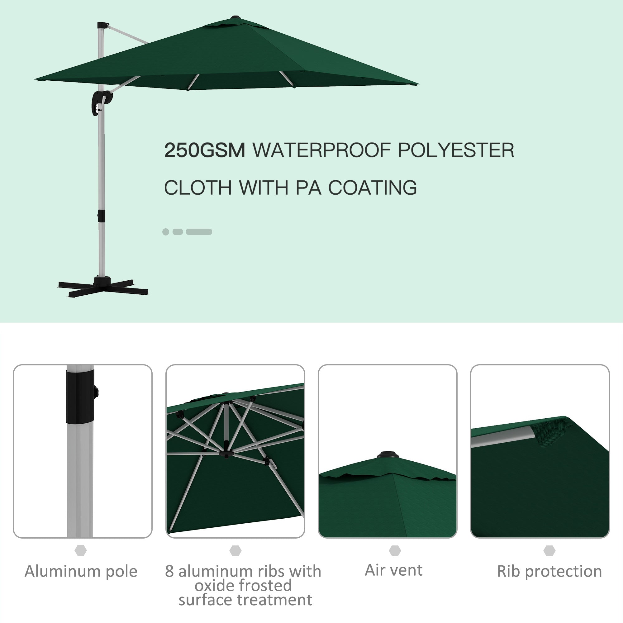 Outsunny Square Cantilever Garden Parasol, with Five-Position Canopy - Green - North Peak Garden Furniture