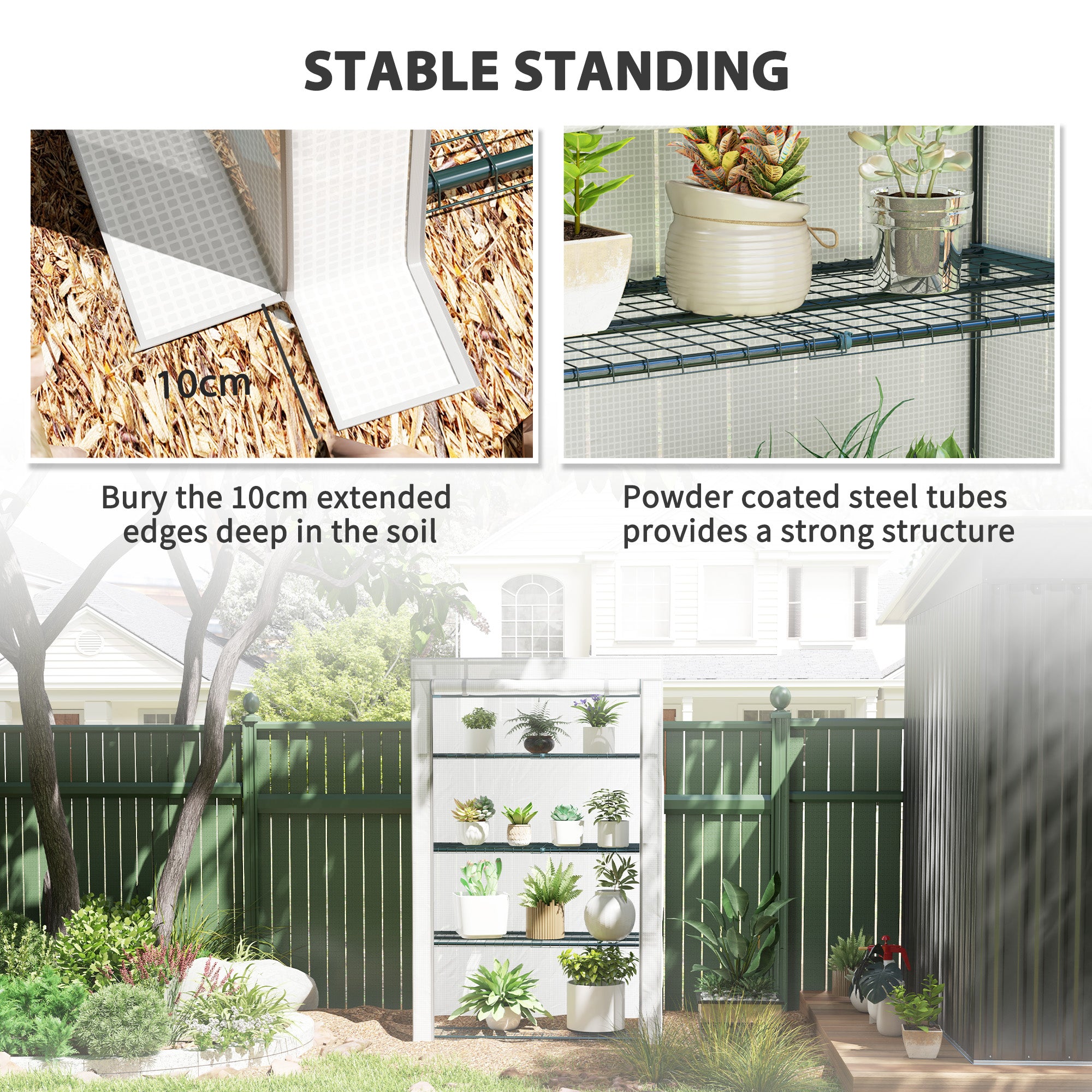 Outsunny 4 Tier Lean-to Mini Greenhouse with Reinforced PE Cover, Portable Small Greenhouse with Roll-Up Door, Grey Hemmed Edging, 110 x 50 x 171cm, Grey - North Peak Garden Furniture