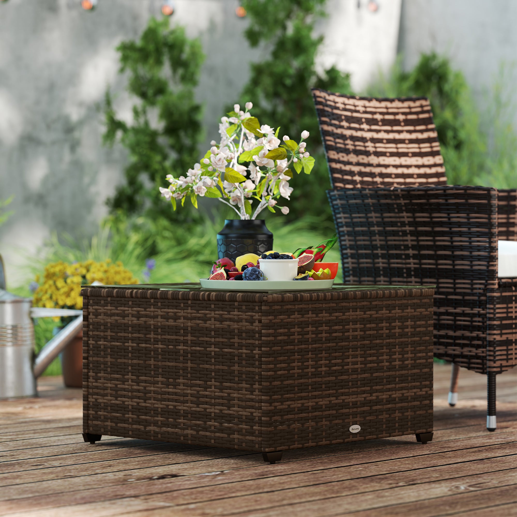 Outsunny 62 x 62cm Glass-Top Rattan Side Table - Brown - North Peak Garden Furniture