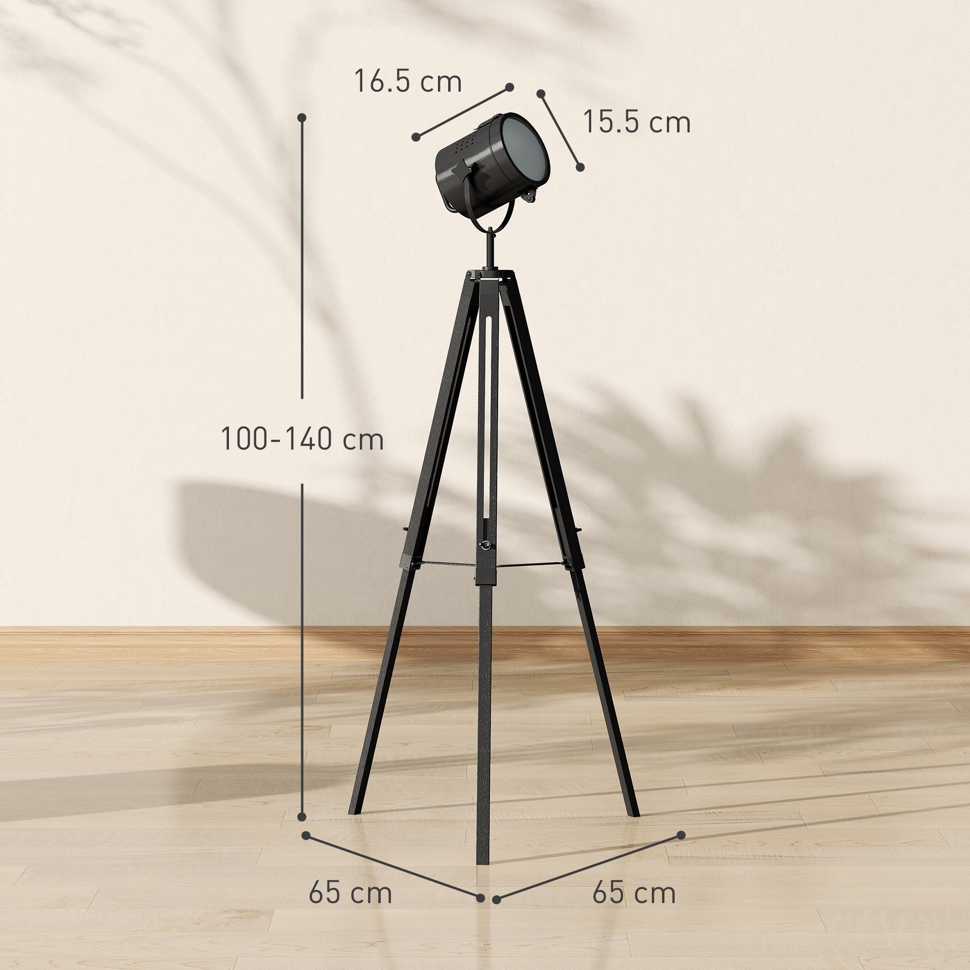 HOMCOM Industrial Tripod Floor Lamp, Nautical Searchlight with Adjustable Height, Wood Legs, E14 Lamp Base for Living Room, Bedroom, Black