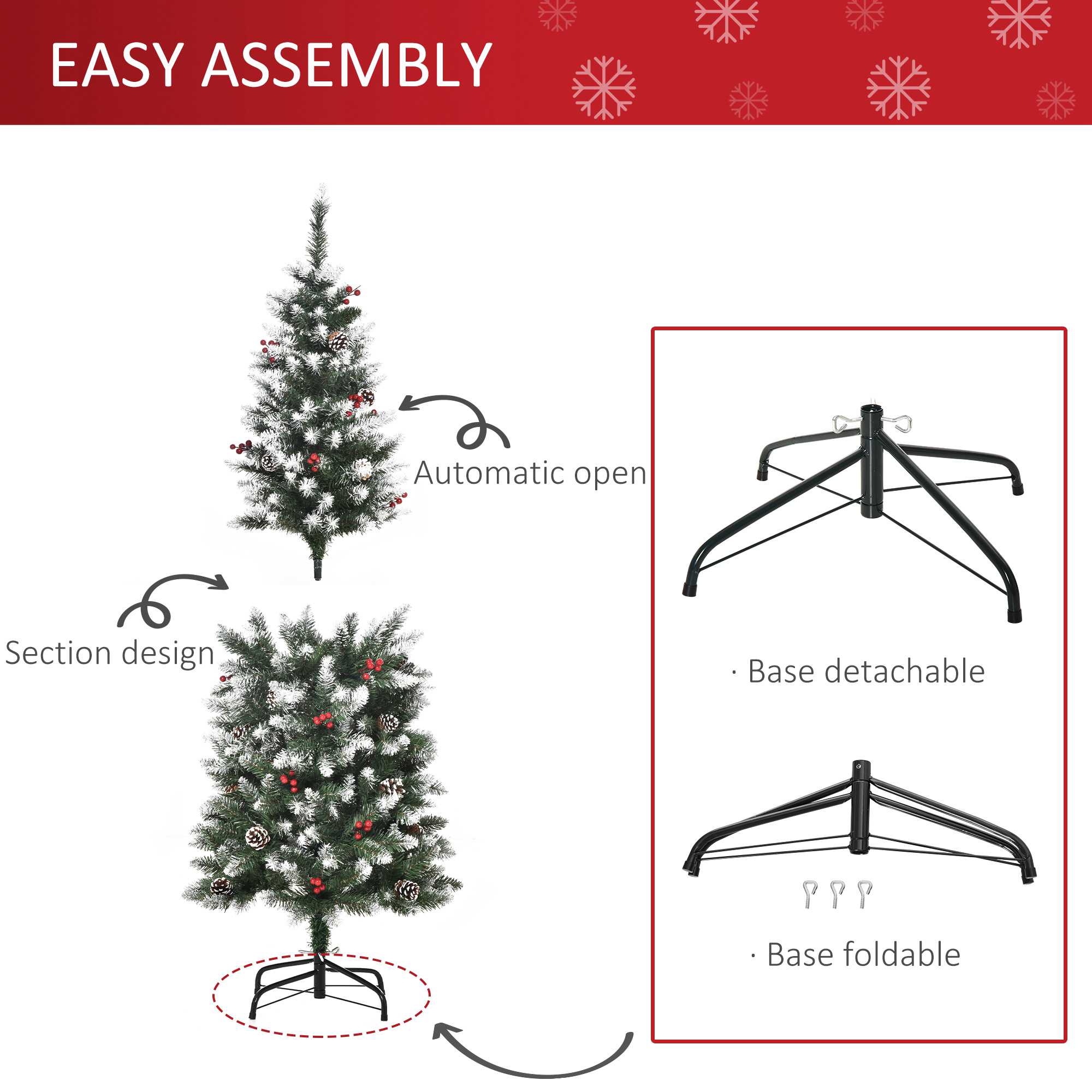HOMCOM 5FT Artificial Christmas Tree Xmas Pencil Tree with Red Berries and Pinecones Holiday Home Indoor Decoration with Foldable Feet, Green - North Peak Garden Furniture