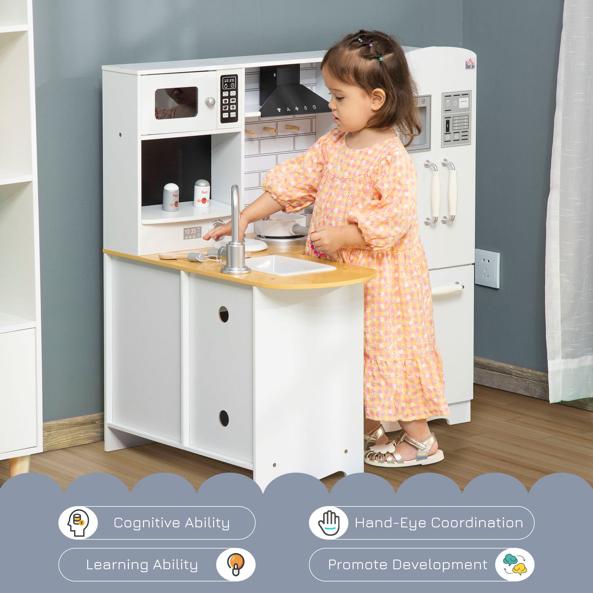 HOMCOM Kids Kitchen Playset, Large Pretend Role Play Kitchen, White - North Peak Garden Furniture