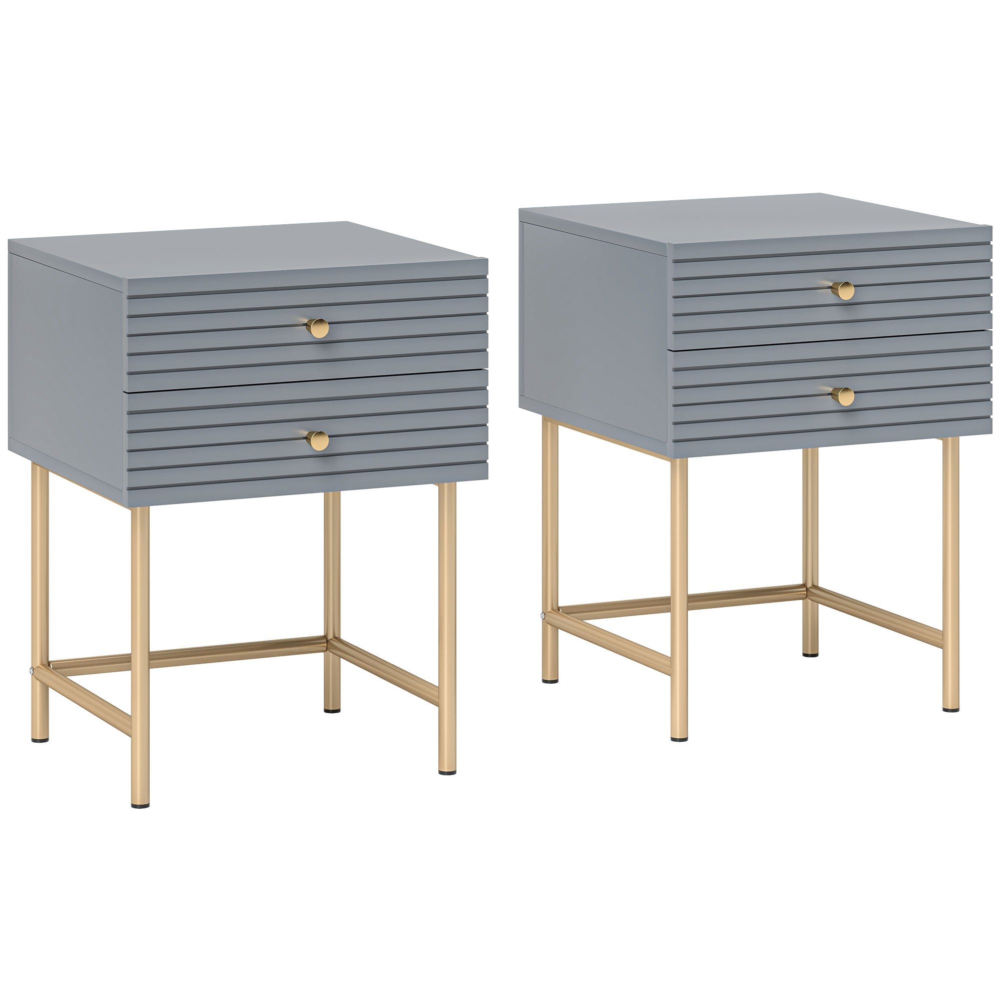 HOMCOM Set of Two Elegant Bedside Tables - Grey/Gold-Tone - North Peak Garden Furniture