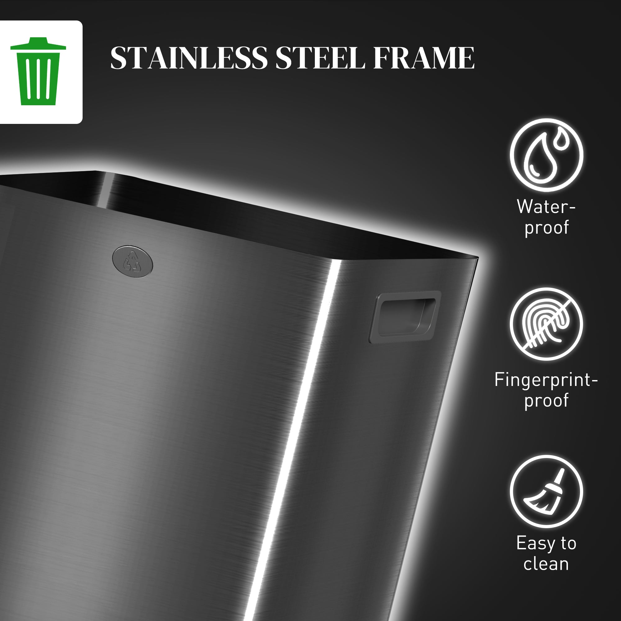 HOMCOM 40L Dual Compartment Stainless Steel Bin, with Deodoriser Holders - Black - North Peak Garden Furniture