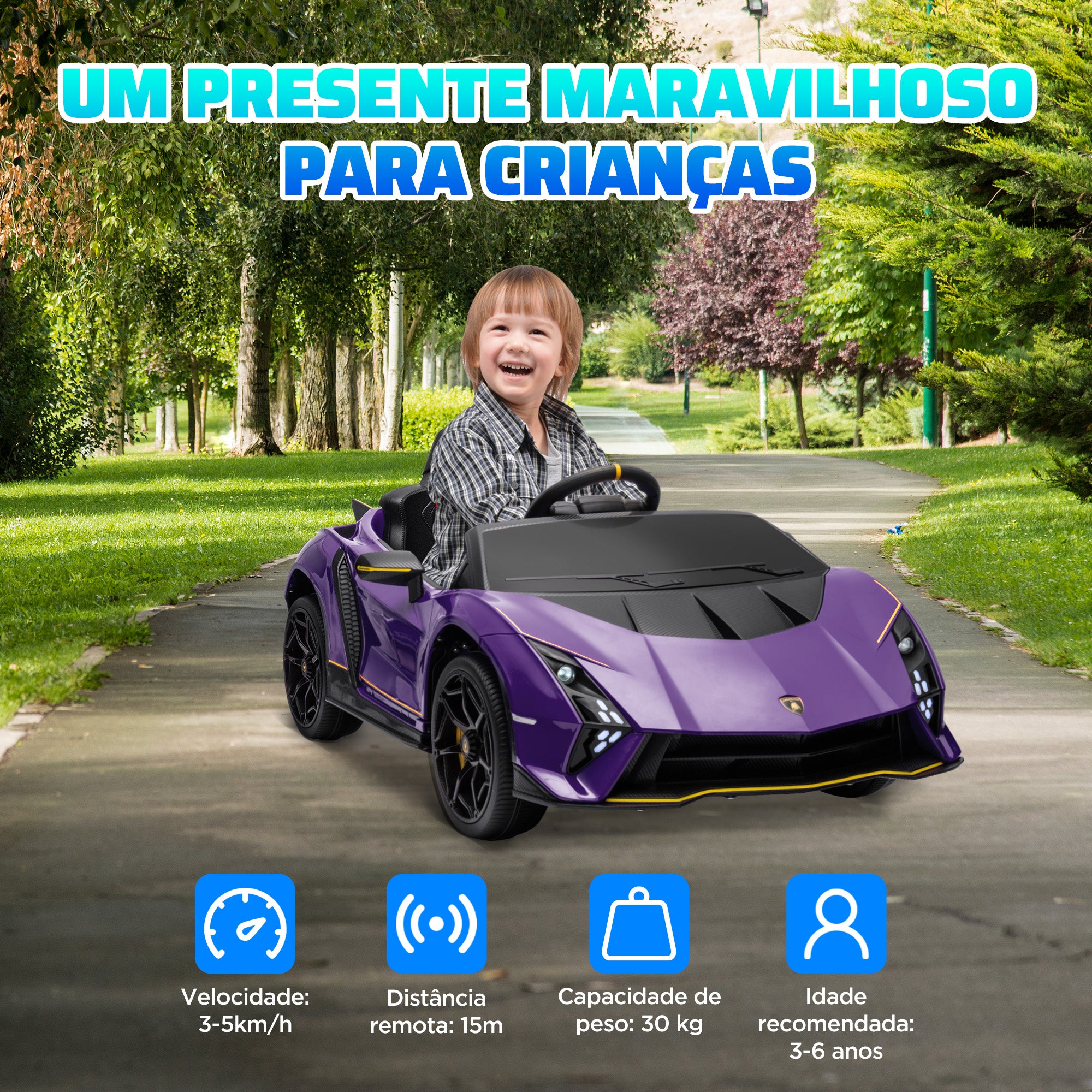 AIYAPLAY 12V Lamborghini Autentica Licensed Kids Electric Car with Remote Control, 4 Suspension Wheels, Soft Start, Purple - North Peak Garden Furniture