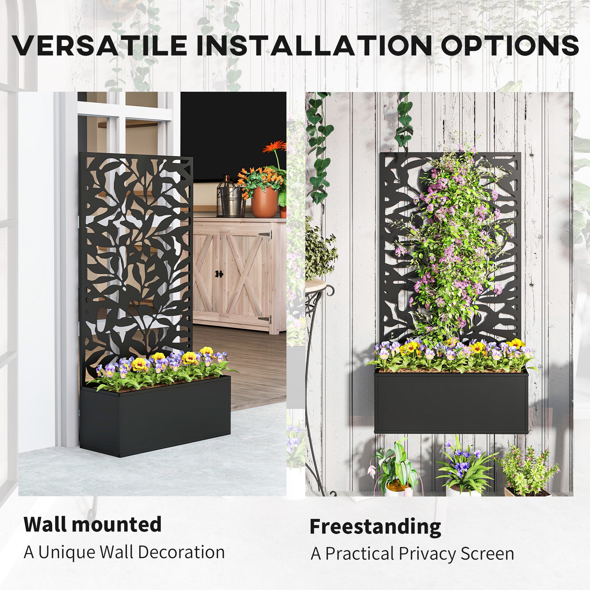 Outsunny Metal Garden Bed with Trellis, Wall Mounted or Freestanding Raised Planter with Privacy Panel, Black