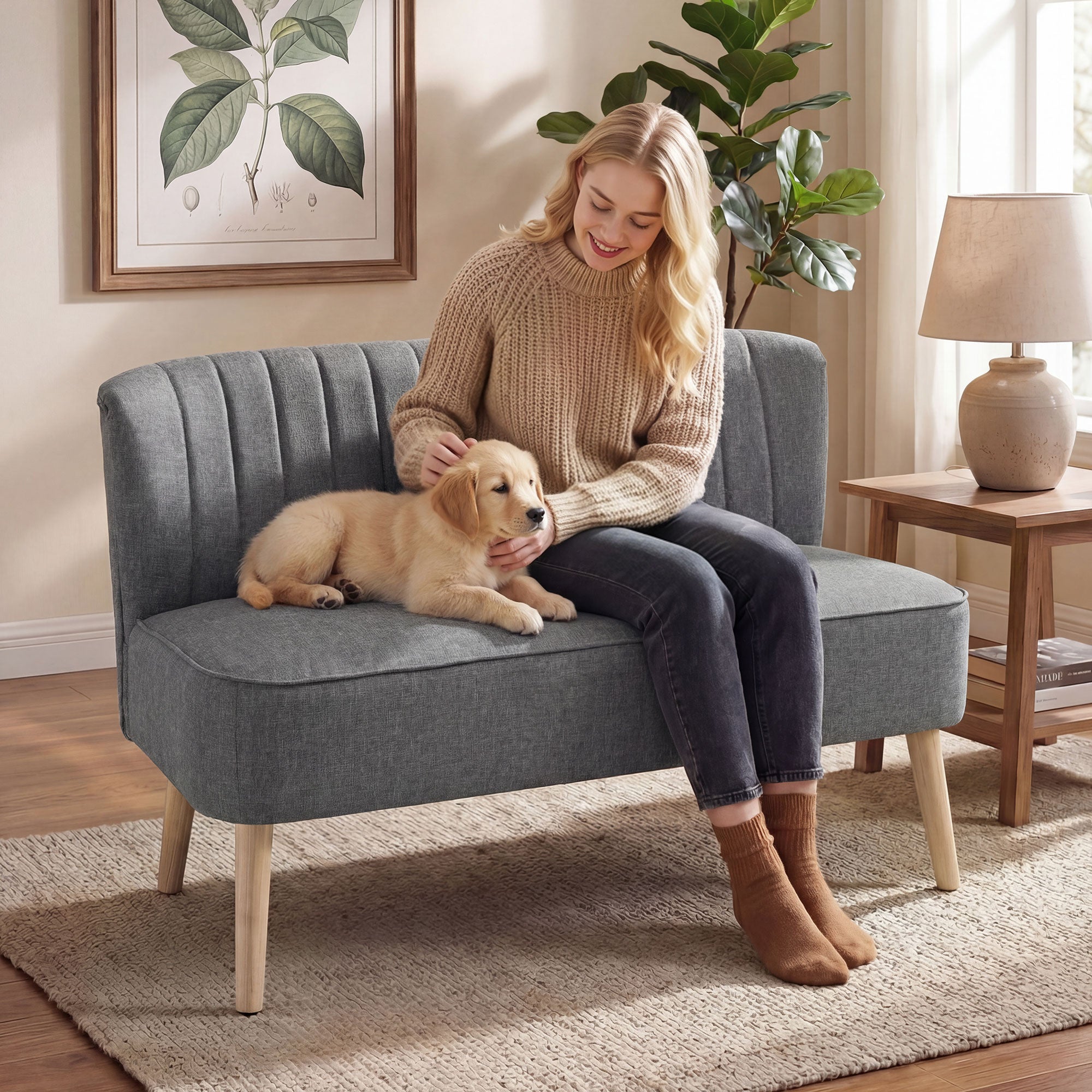 HOMCOM 46" Loveseat Sofa Upholstered Small 2 Seater Sofa with Thick Padded Seat and Rubber Wood Legs, Grey