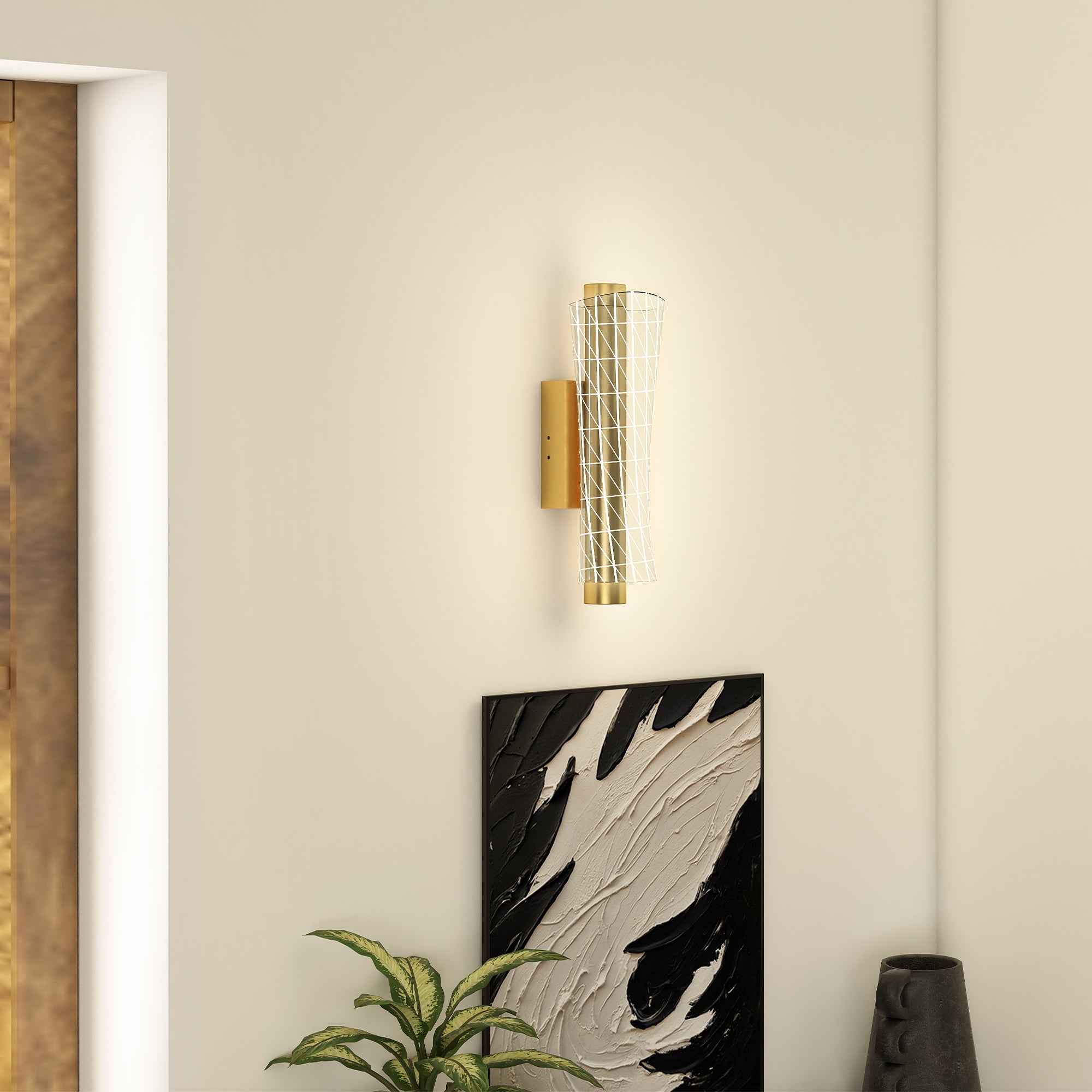 HOMCOM Led Wall Lamp 2 Pack, 9W Modern Indoor Geometric Mesh Wall Light, Colour Temperature Adjustable 3000K/4000K/6500K for Bedroom, Living Room, Hallway, Stairs, Gold Tone - North Peak Garden Furniture