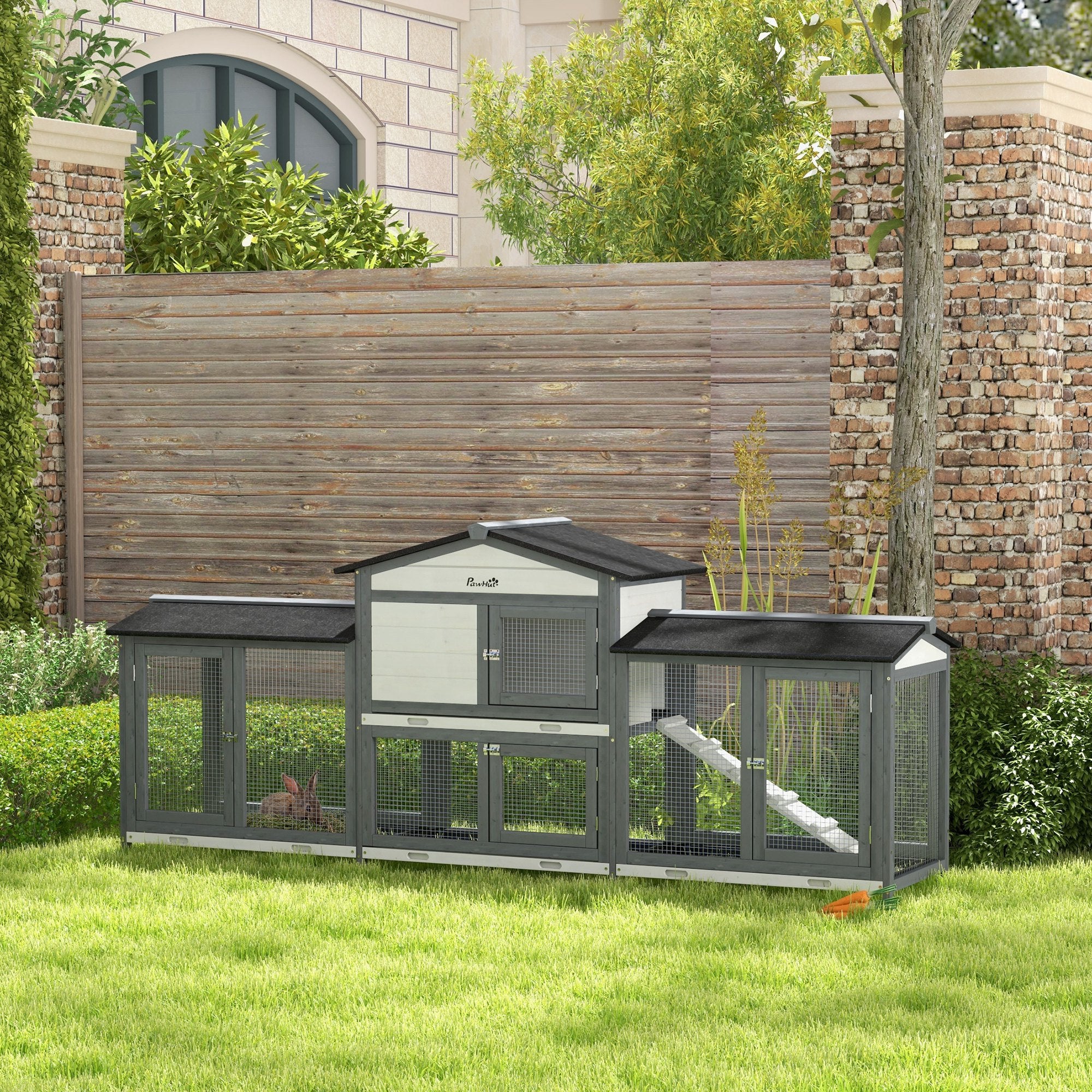 PawHut 2-Tier Large Rabbit Hutch Outdoor with Double Side Run Boxes, No-leak Plastic Tray, Ramp, 230 x 53 x 93.5cm, Light Grey - North Peak Garden Furniture