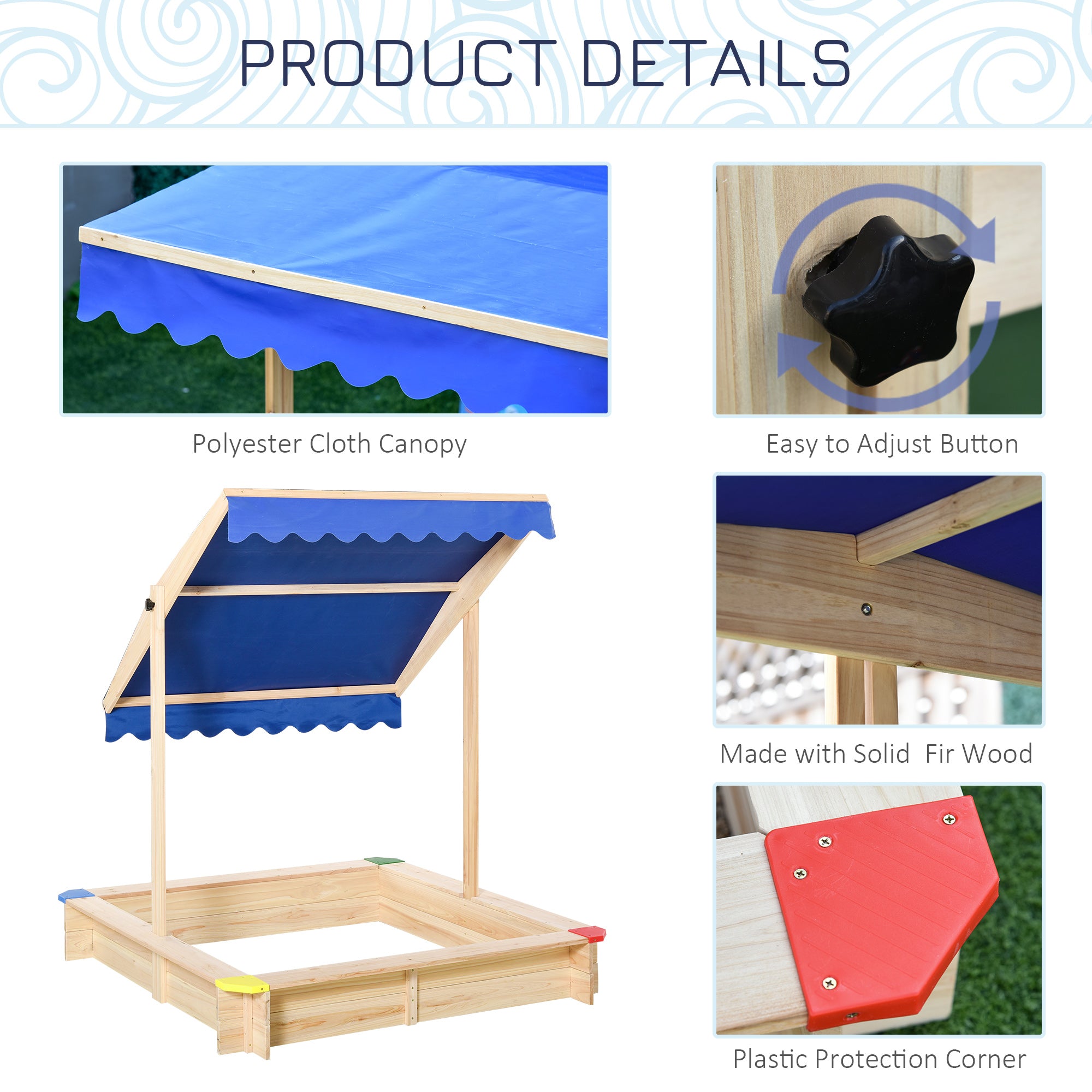 Outsunny Kids Wooden Sand Pit Children Square Sandbox Outdoor Playset Play Station Adjustable Canopy Bench Seat 120x120x120cm - North Peak Garden Furniture