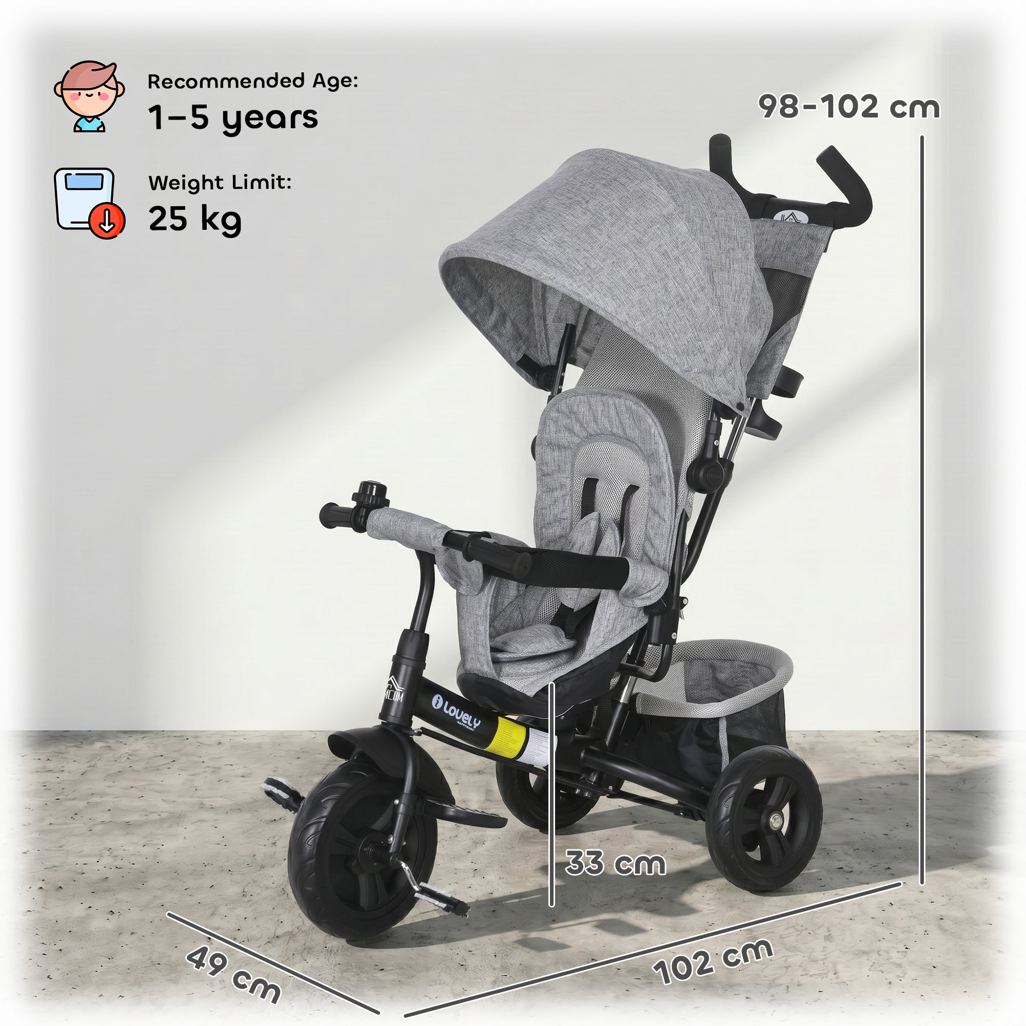 HOMCOM 6 in 1 Kids Trike Push Bike w/ Push Handle, Canopy, 5-point Safety Belt, Storage, Footrest, Brake, for 1-5 Years, Grey