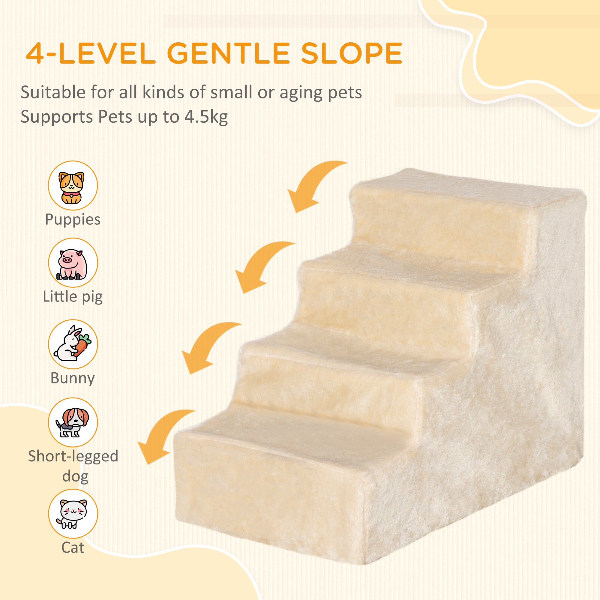 PawHut Four-Step Dog Stairs, with Washable Plush Cover, for High Bed Sofa, Dog Stairs for Small Dog and Cat - Beige - North Peak Garden Furniture