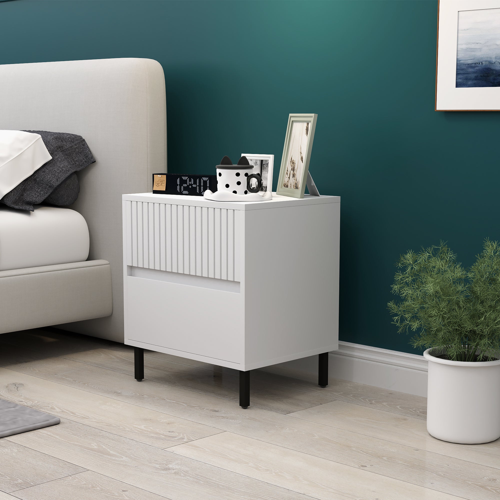 HOMCOM Simple Line Indented Two-Drawer Bedside Table - White - North Peak Garden Furniture