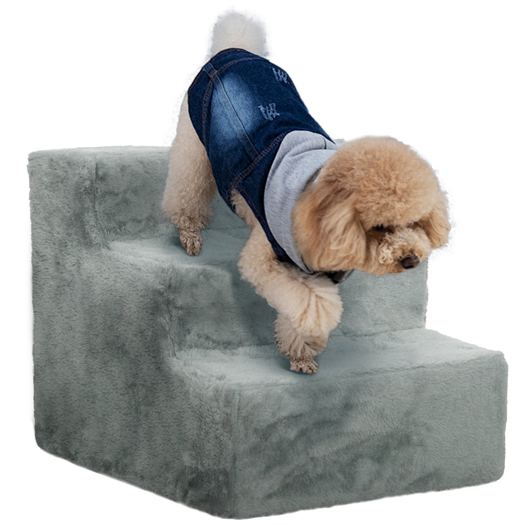PawHut Three-Step Dog Stairs, with Washable Plush Cover, for High Bed Sofa, Dog Stairs for Small Dog and Cat - Light Grey - North Peak Garden Furniture