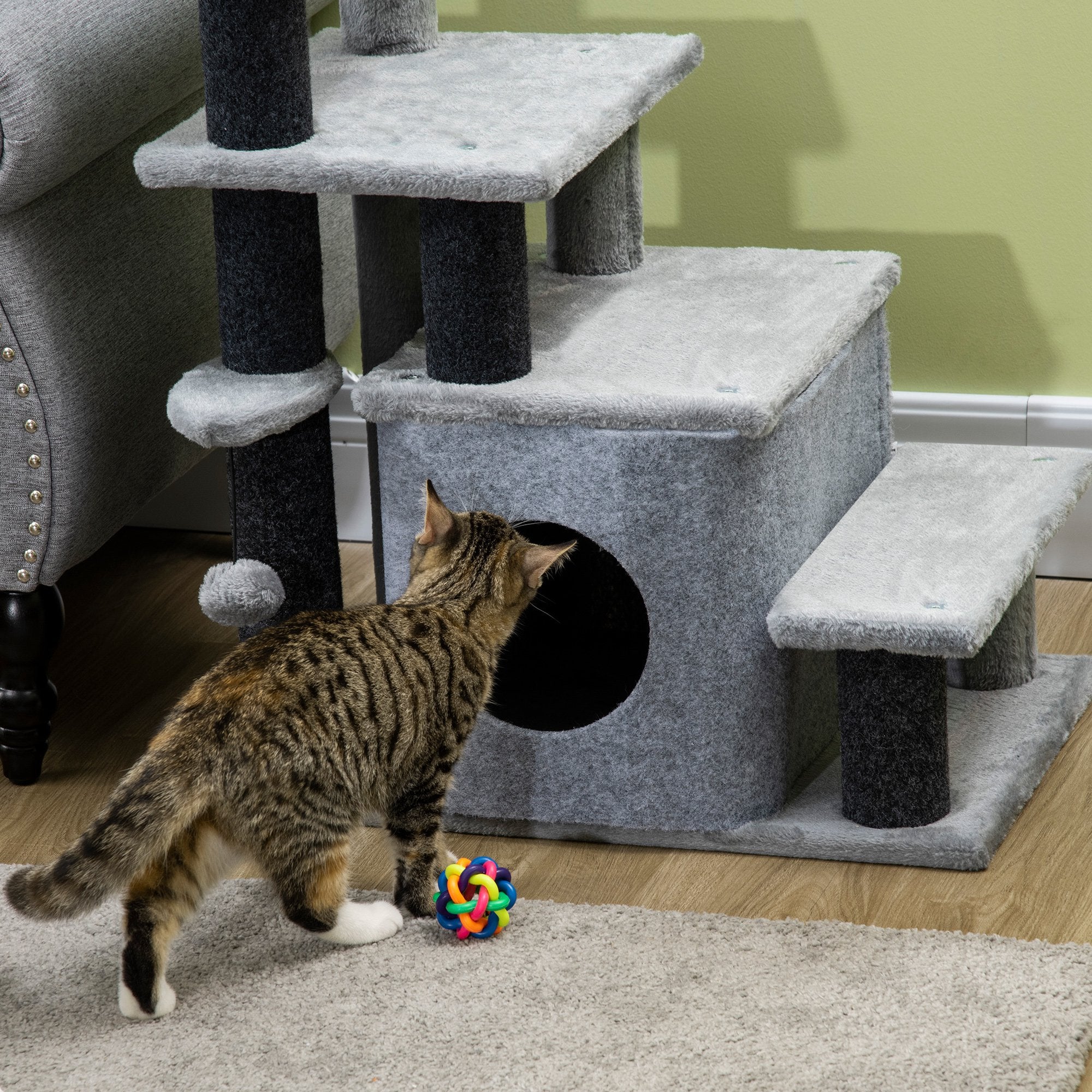 PawHut Adjustable Cat Steps, with House & Hanging Toy Ball - Grey - North Peak Garden Furniture