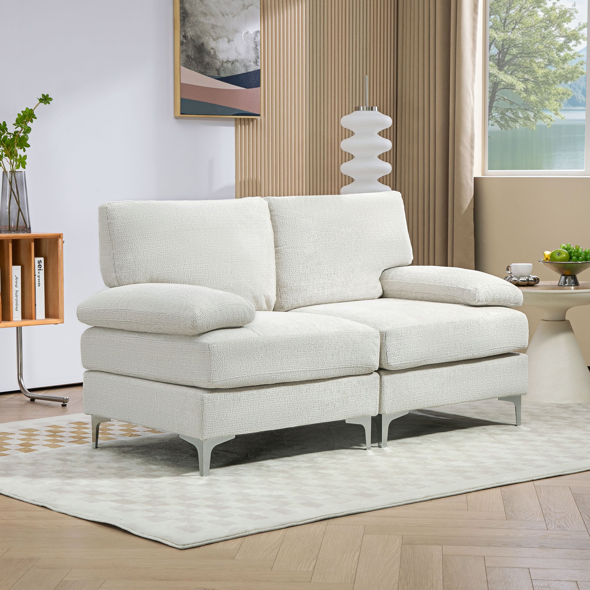 HOMCOM 2 Seater Sofa, Modern Fabric Loveseat with Spring Cushion and Metal Legs, Small Couch for Living Room, Bedroom, Home Office, Reception, Cream White - North Peak Garden Furniture