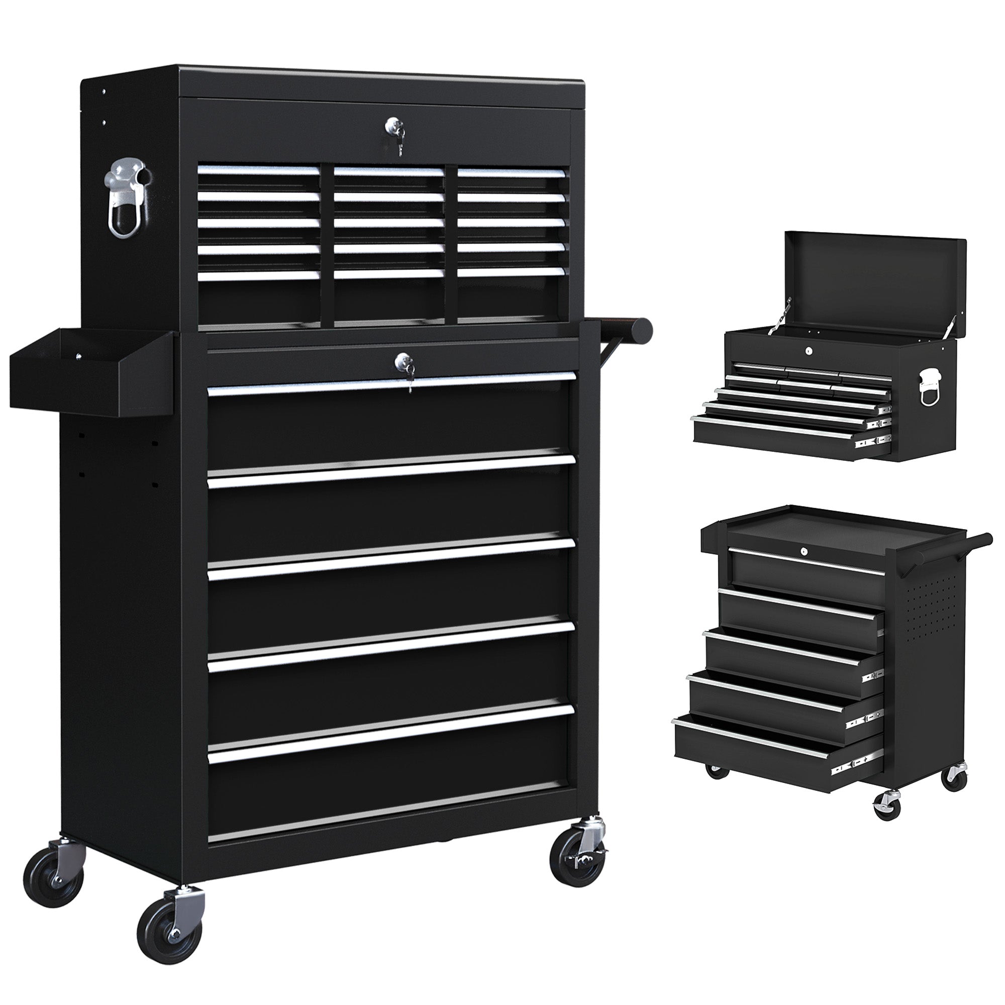 HOMCOM 19 Drawer, Two-Part Tool Storage Chest on Wheels - Black - North Peak Garden Furniture