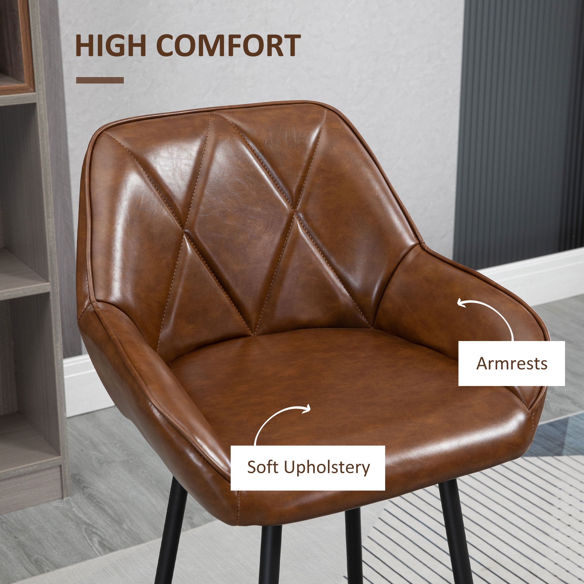 HOMCOM Retro Bar Stools Set of 2, Breakfast Bar Chairs with Footrest, Kitchen Stools with Backs and Steel Legs, for Dining Area and Home Bar, Brown - North Peak Garden Furniture