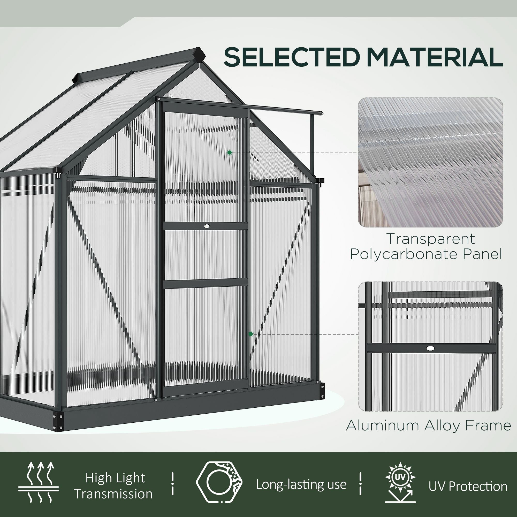 Outsunny 6 x 4ft Polycarbonate Greenhouse, Large Walk-In Green House with Slide Door and Window, Garden Plants Grow House with Aluminium Frame and Foundation, Grey - North Peak Garden Furniture