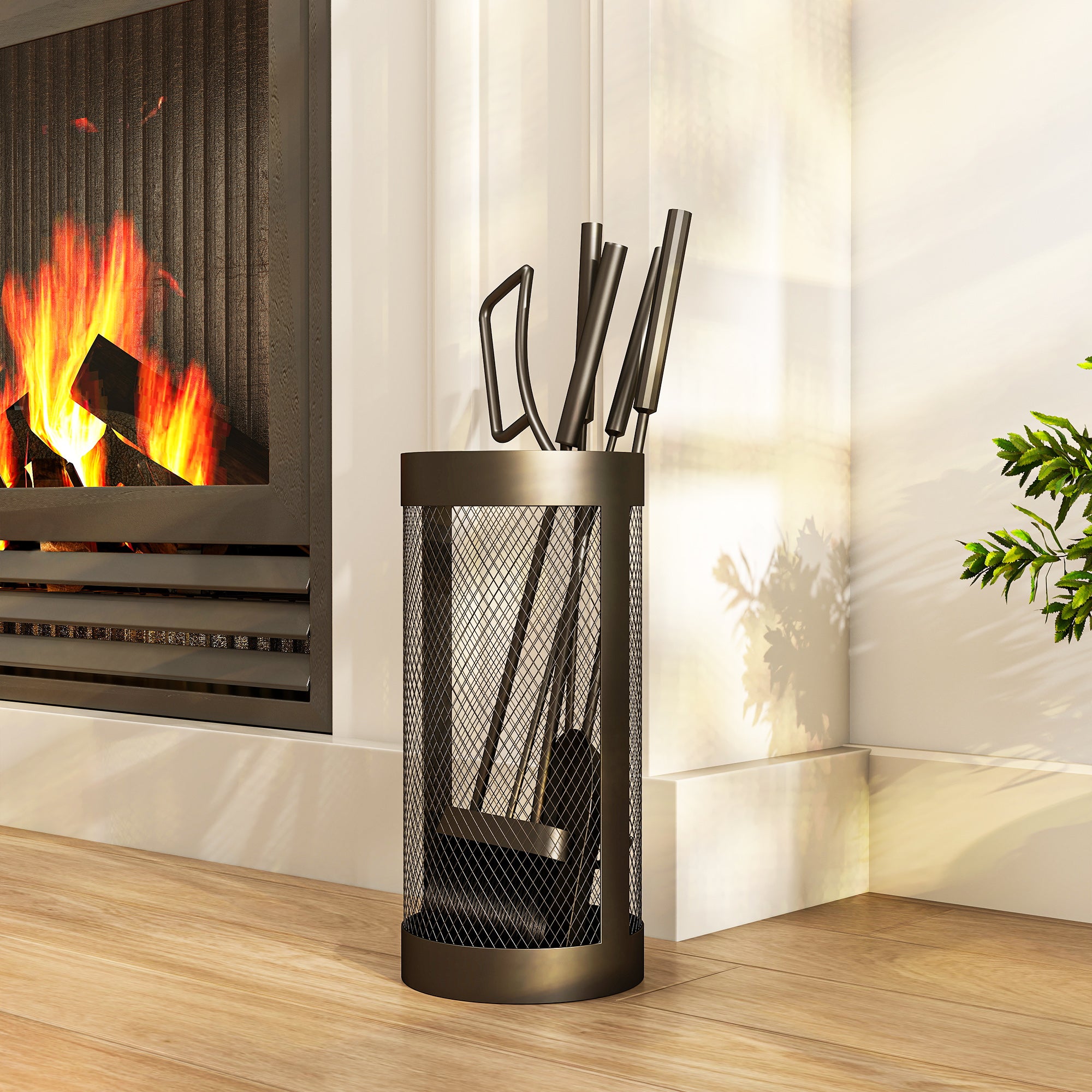 Outsunny 5-Piece Fireplace Tools Set with Mesh Basket, Indoor Outdoor Fireside Accessories for Fireplaces, Fire Pits, Black