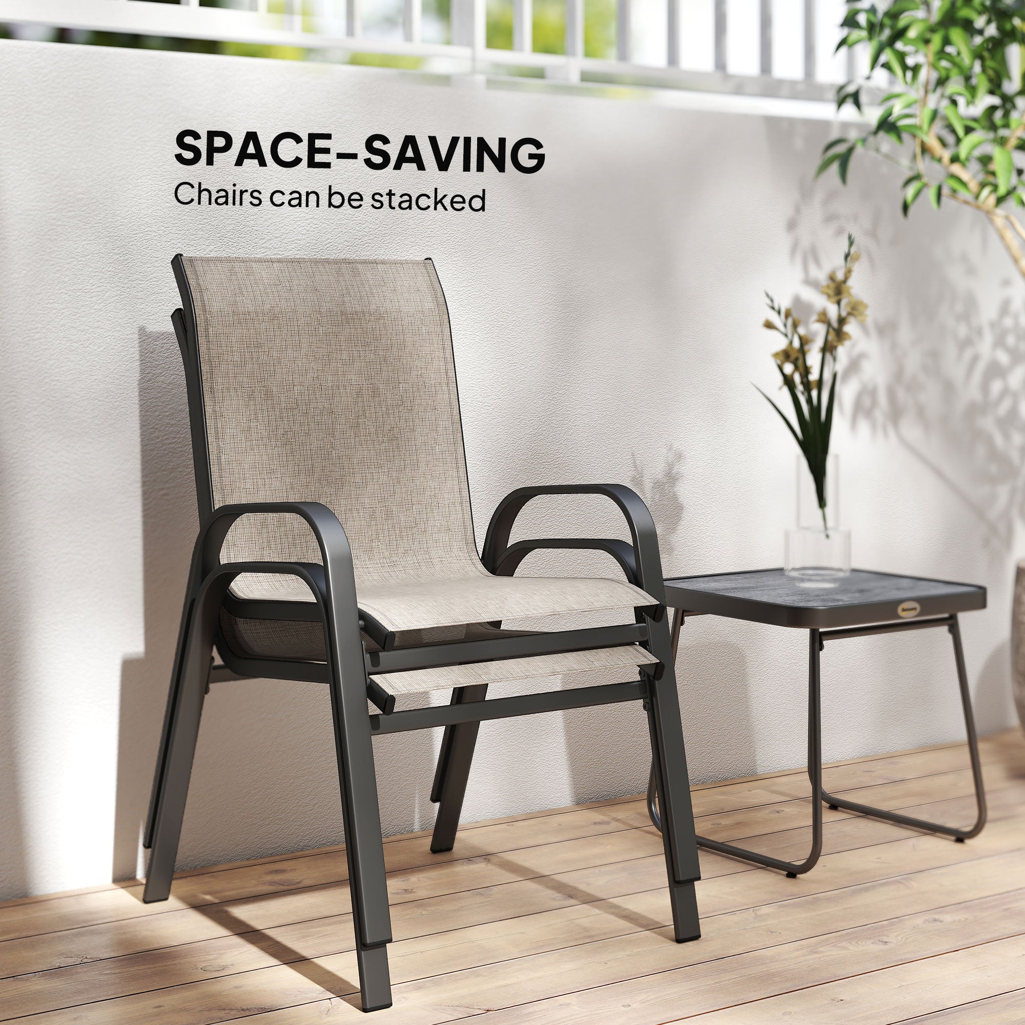 Outsunny 3 Pieces Outdoor Bistro Set, Patio Stackable Armchairs with Breathable Mesh Fabric and SPC Board Coffee Table, Brown - North Peak Garden Furniture