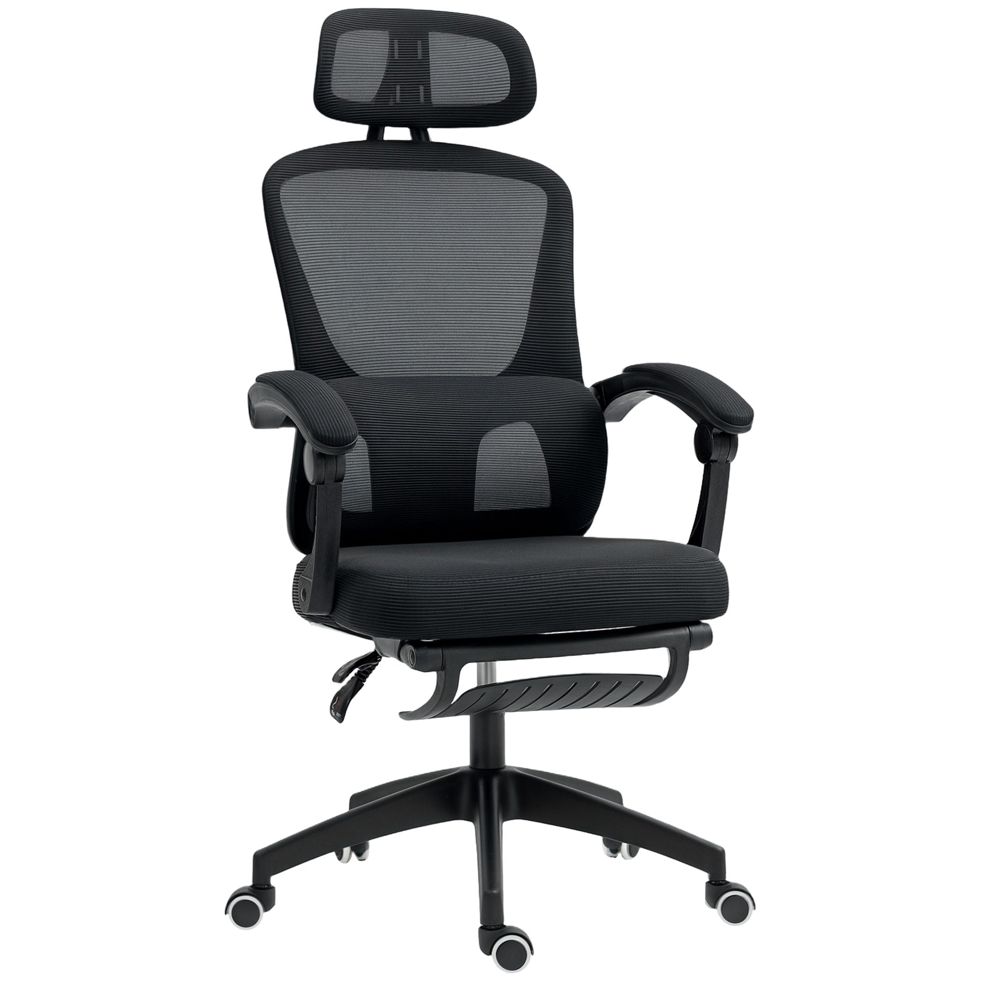 HOMCOM Ergonomic Office Chair, Mesh High Back Desk Chair with Adjustable Lumbar Support and Headrest, Footrest, Reclining Executive Swivel Computer Chair for Home Study, Black - North Peak Garden Furniture