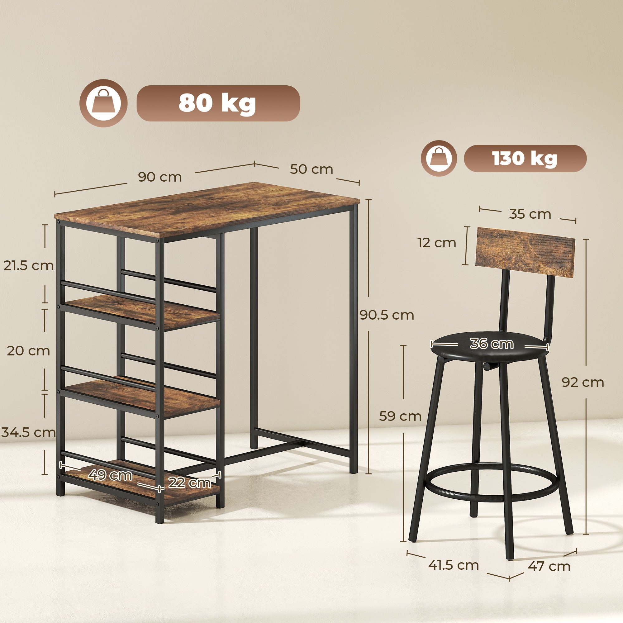 HOMCOM Space Saving Bar Table and PU Leather Stools for 2, 3 Piece Breakfast Bar Table Set with Storage Shelves, Rustic Brown