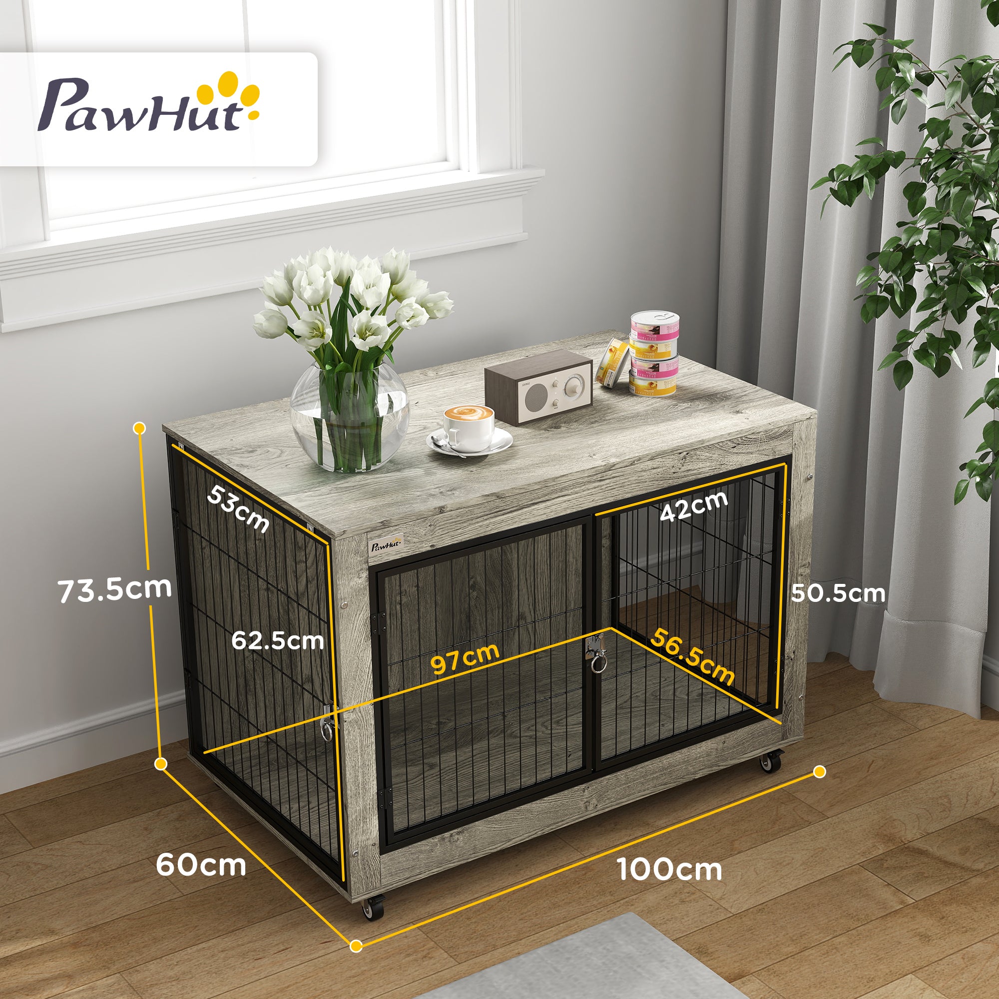 PawHut Dog Crate Furniture with Wheels, Double Doors, for Large Dogs, 100 x 60 x 73.5cm, Grey - North Peak Garden Furniture