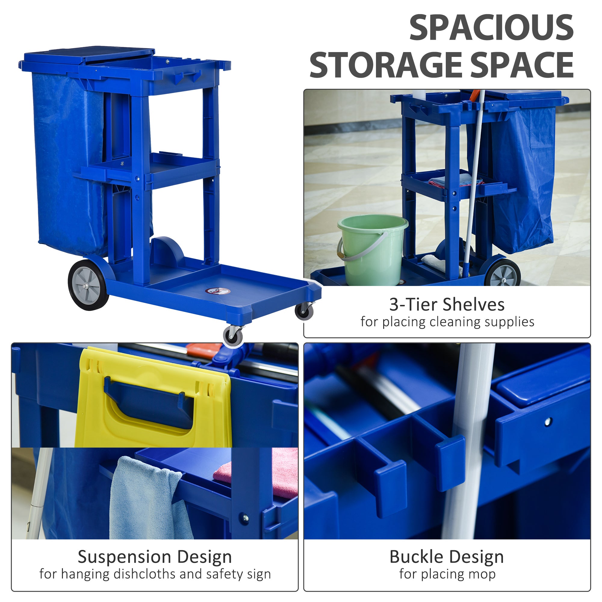HOMCOM Janitor Cleaning Trolley, with Bin, Shelves and Hooks - Blue - North Peak Garden Furniture