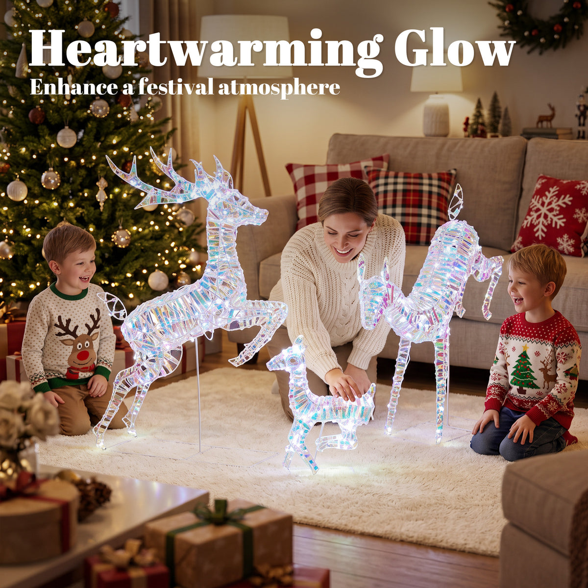 Outsunny 3-Piece Lighted Reindeer Family Set, Iridescent Outdoor Christmas Decoration, Deer Family with 8 Modes, Daily Timer