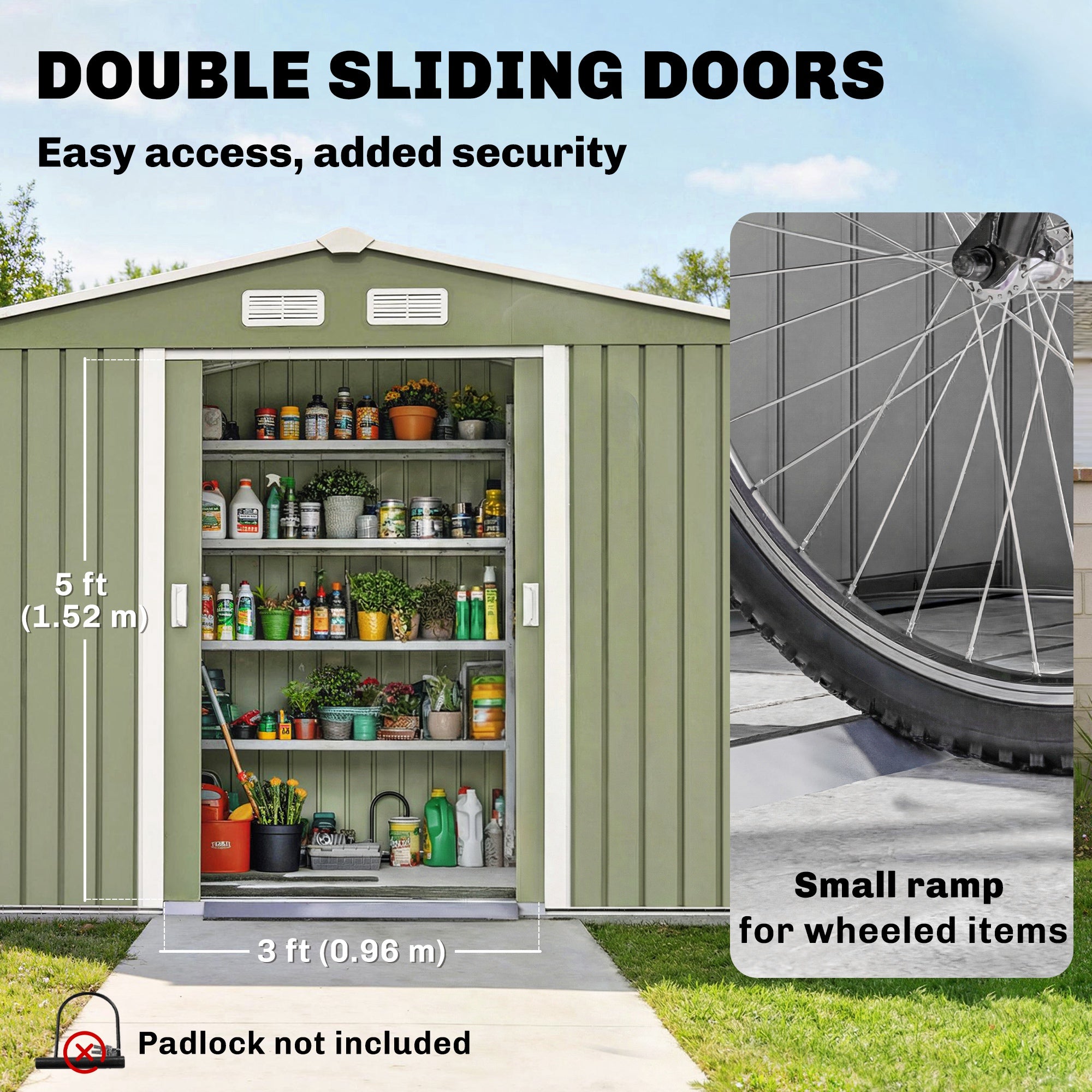Outsunny 9 x 6ft Metal Garden Shed, Outdoor Storage Tool House with Ventilation Slots, Foundation Kit and Lockable Double Doors, Light Green