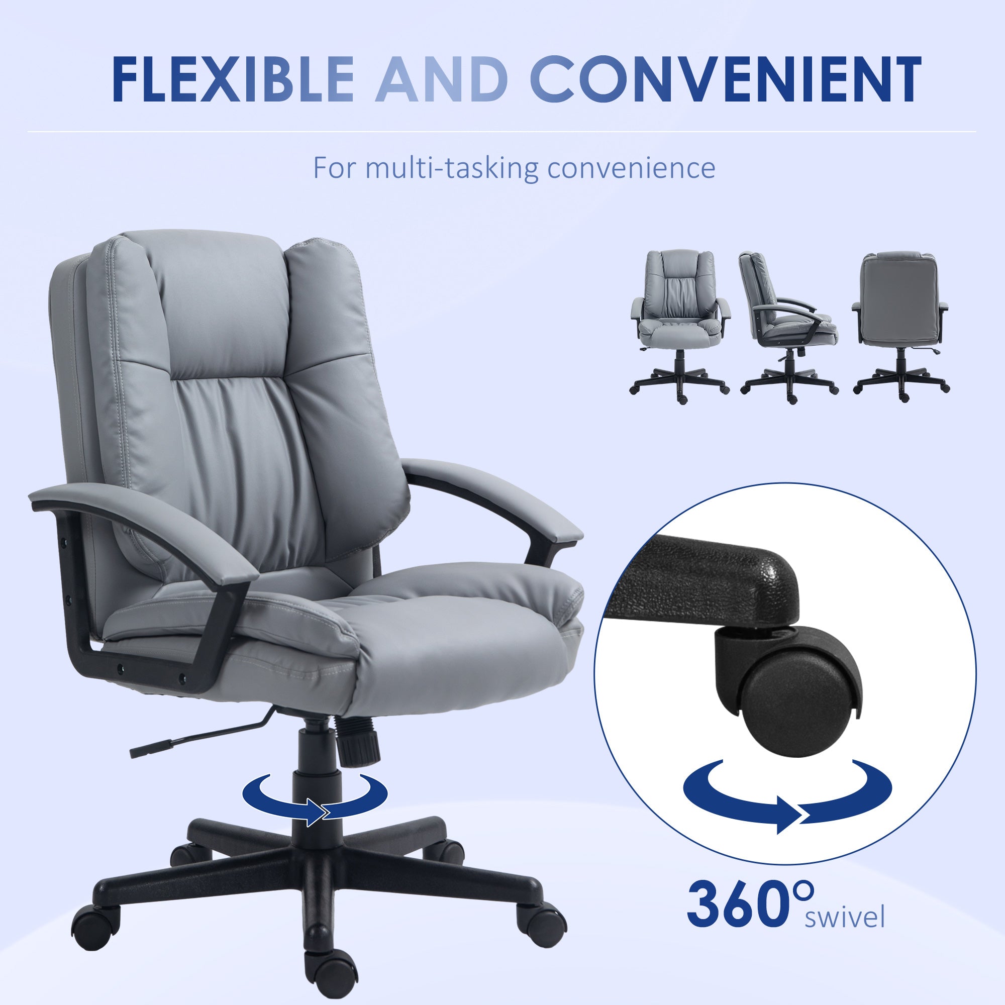 HOMCOM Office Chair, Faux Leather Computer Desk Chair, Mid Back Executive Chair with Adjustable Height and Swivel Rolling Wheels for Home Study, Light Grey